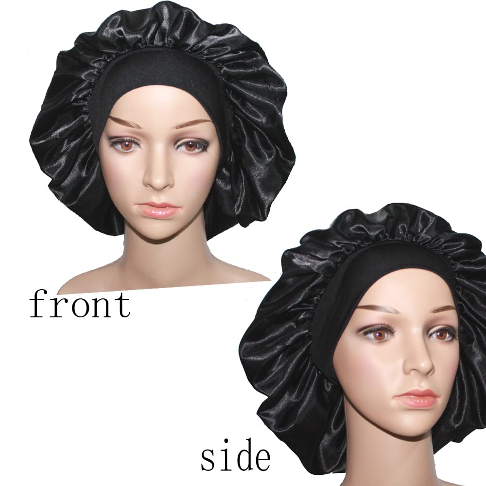 VEYRNEIC Satin Sleep Bonnet for Women - Wide Elastic Band Silk Night Cap for Braids, Natural Hair & Chemo - Includes Satin Storage Bag (Black) | Perfect for Sleeping, Showering & Hair Protection