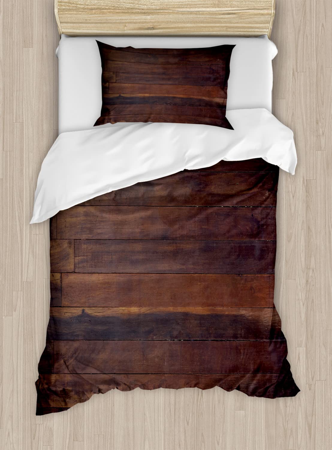 Ambesonne Chocolate Themed Duvet Cover Set - Queen Size 2 Pack with 2 Duvet Covers & 4 Pillowcases - Vintage Weathered Dark Timber Oak Wood Plank Design for Rustic Country Bedroom Decor - Perfect for Farmhouse, Cabin, and Cottage Style Homes