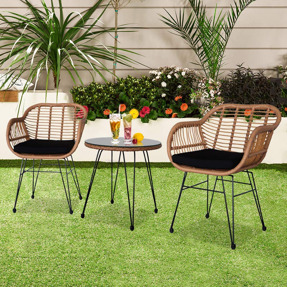 3-Piece Patio Furniture Set with Wicker Rattan Chairs & Tempered Glass Coffee Table - Outdoor Conversation Bistro Set for Garden, Backyard, Balcony & Deck in Flaxen Yellow | Perfect for Relaxing, Entertaining & Outdoor Dining