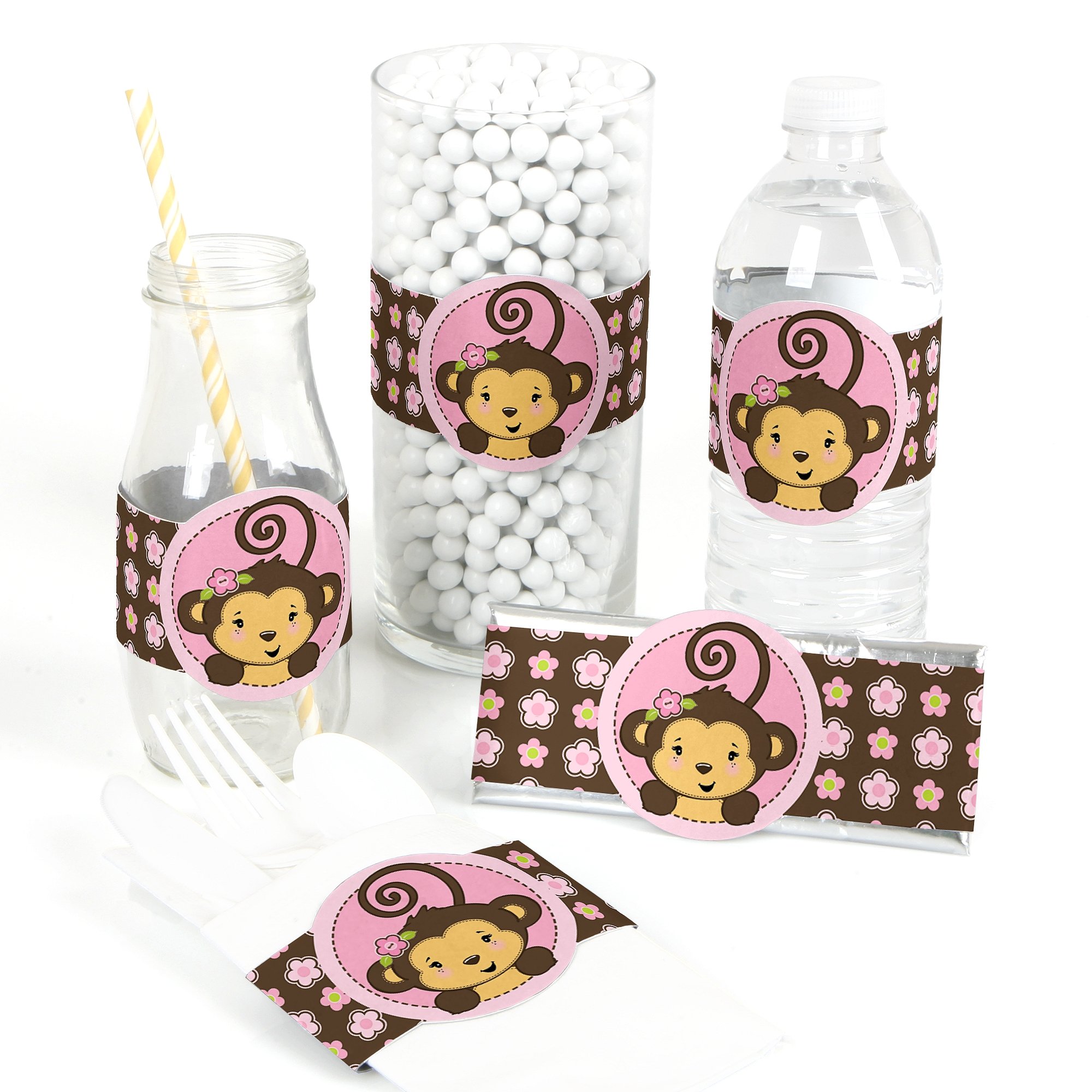 Big Dot of Happiness Pink Monkey Girl DIY Party Supplies - Baby Shower & Birthday Decorations Set of 15 - Perfect for Wrapping Favors, Cake Toppers, and Table Decorations