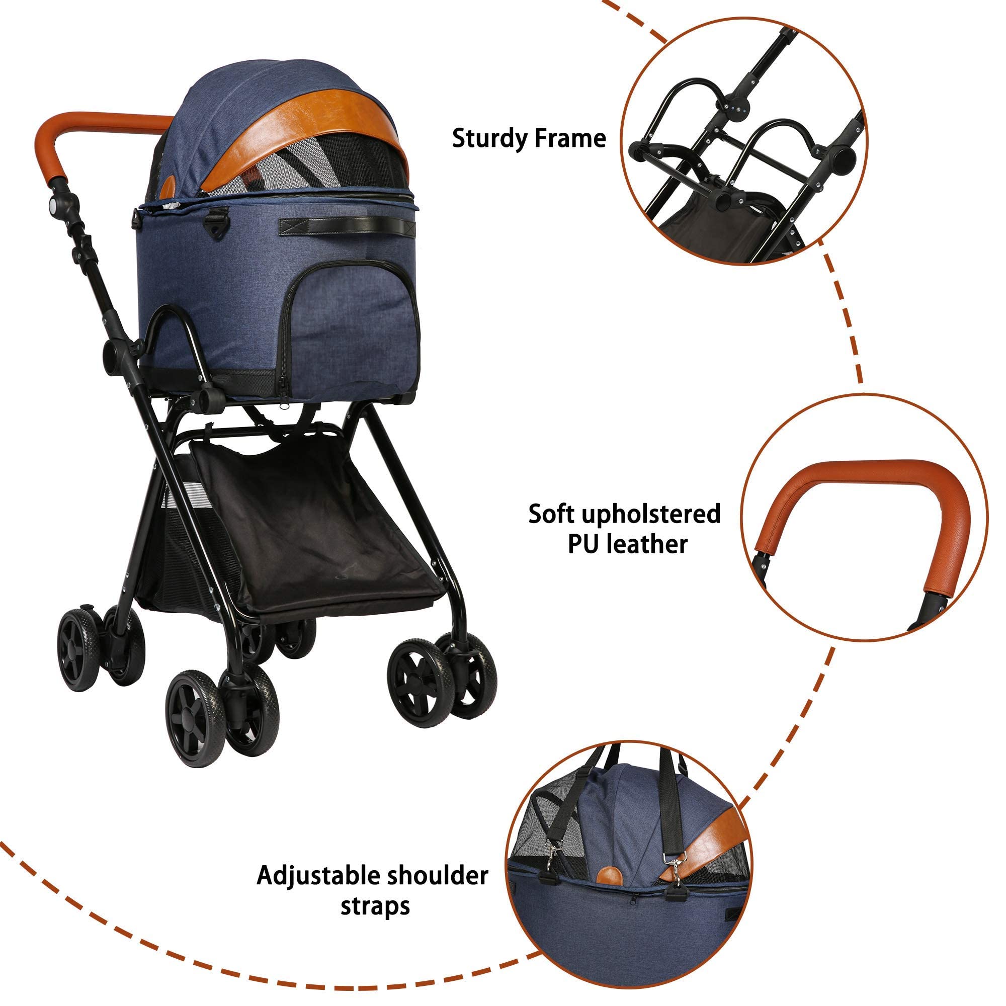LUCKYERMORE Premium 2-in-1 Folding Pet Stroller & Carrier for Medium Dogs & Cats - Adjustable Handle, Detachable Car Seat - Perfect for Travel, Shopping & Vet Visits