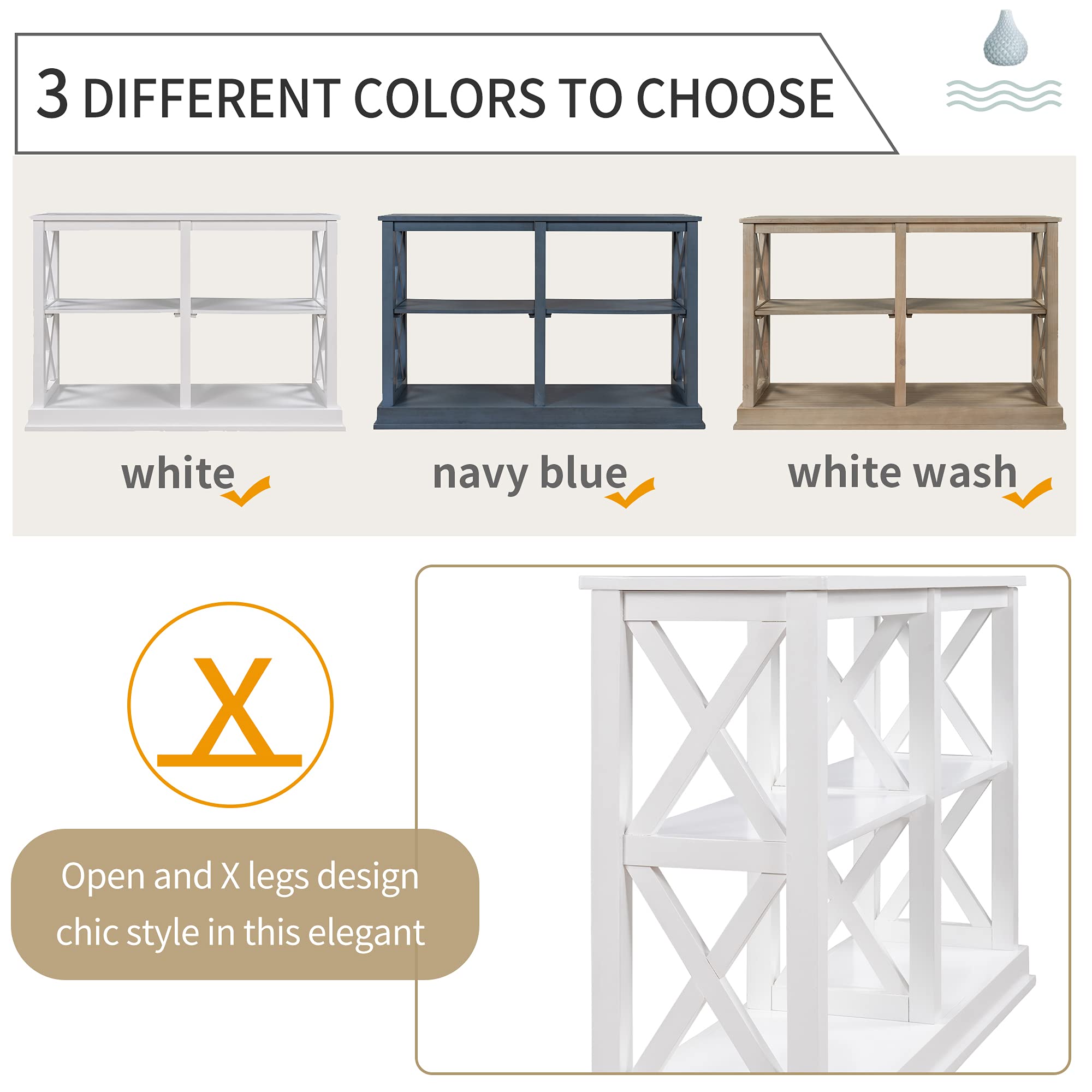 Modern White Console Table with 3-Tier Open Storage & X-Shaped Legs - Narrow Sofa Table, Side Table, Entryway Table for Living Room, Hallway, Bedroom - Perfect for Small Spaces & Home Organization