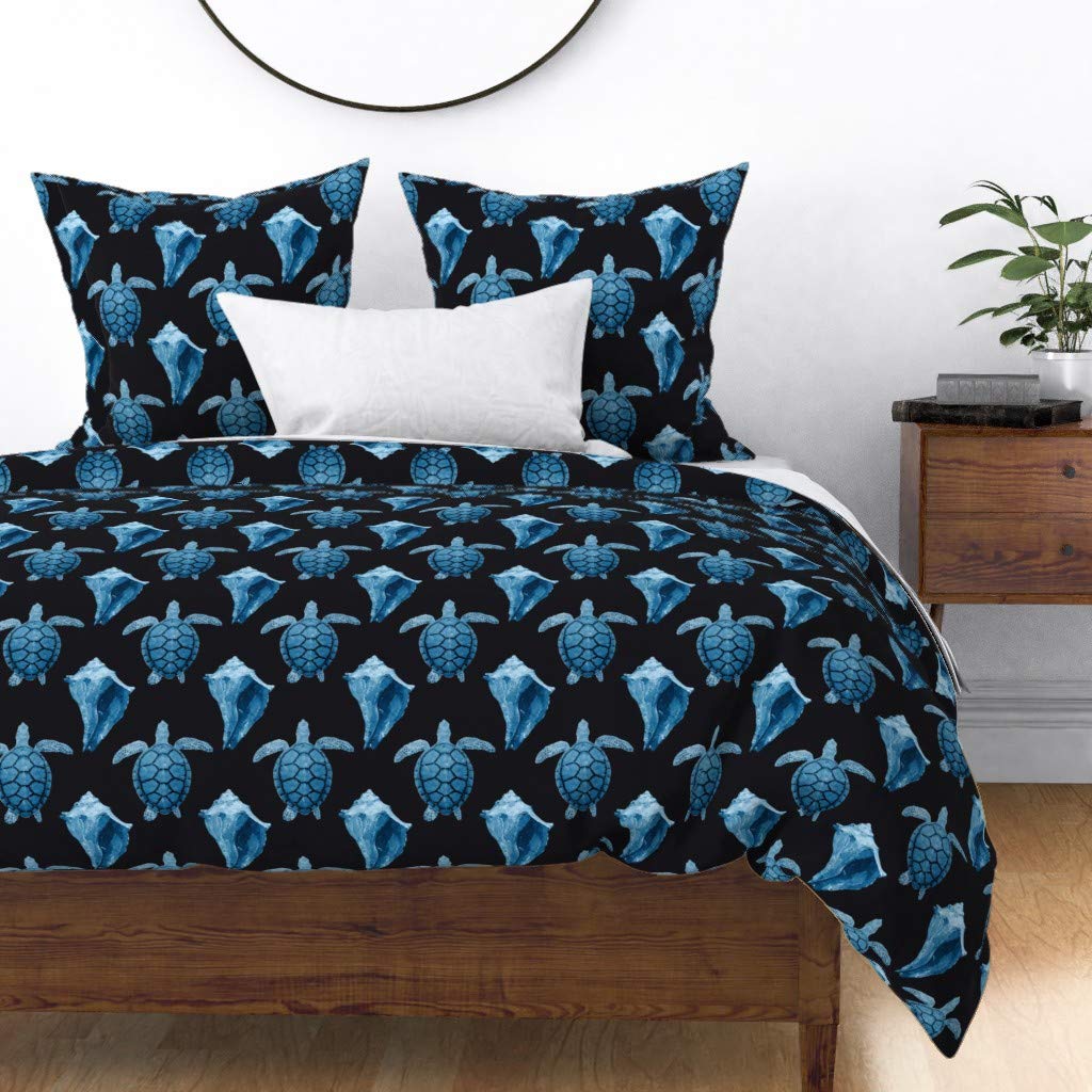 Custom Sea Turtles Shell Beach Watercolor Duvet Cover - Twin Size Cotton Sateen Bedding | Nautical Coastal Blue & Black Print | Perfect for Beach House, Guest Room & Coastal Decor