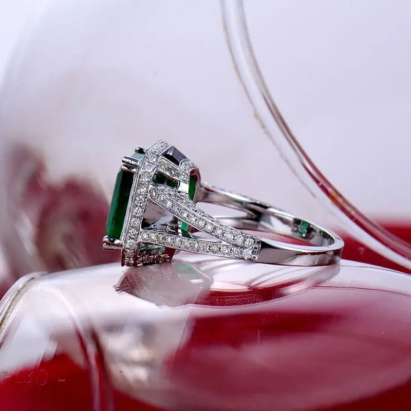 18K White Gold Emerald Cut Diamond Ring for Women - 8x10mm Green Gemstone, Elegant Jewelry Gift for Engagement, Wedding & Special Occasions