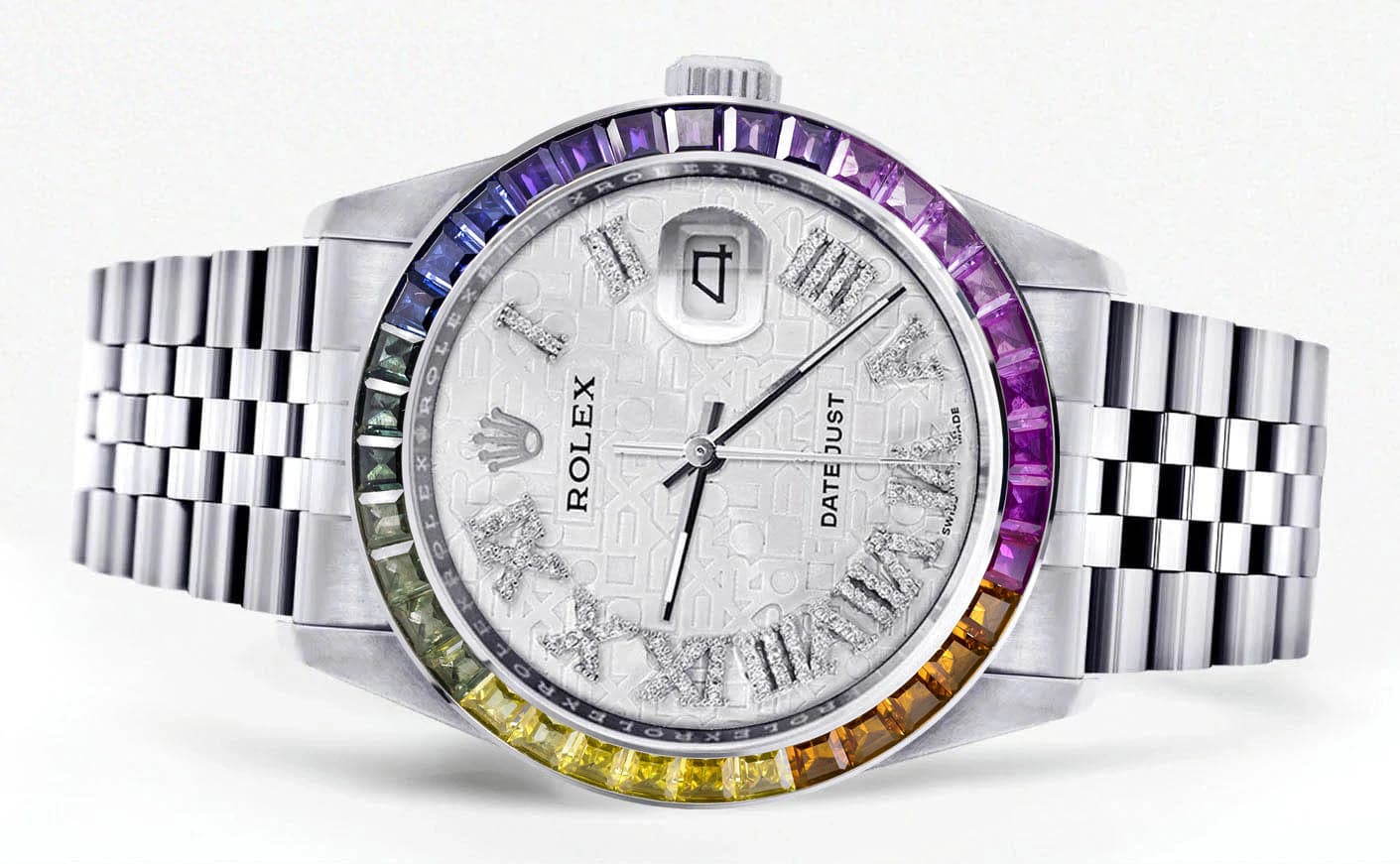 Luxury Men's Diamond Gold Rolex Watch 16200 | 36mm Rainbow Sapphire Bezel | Silver Roman Numeral Dial | Jubilee Bracelet | Perfect for Formal Events & Luxury Gifts
