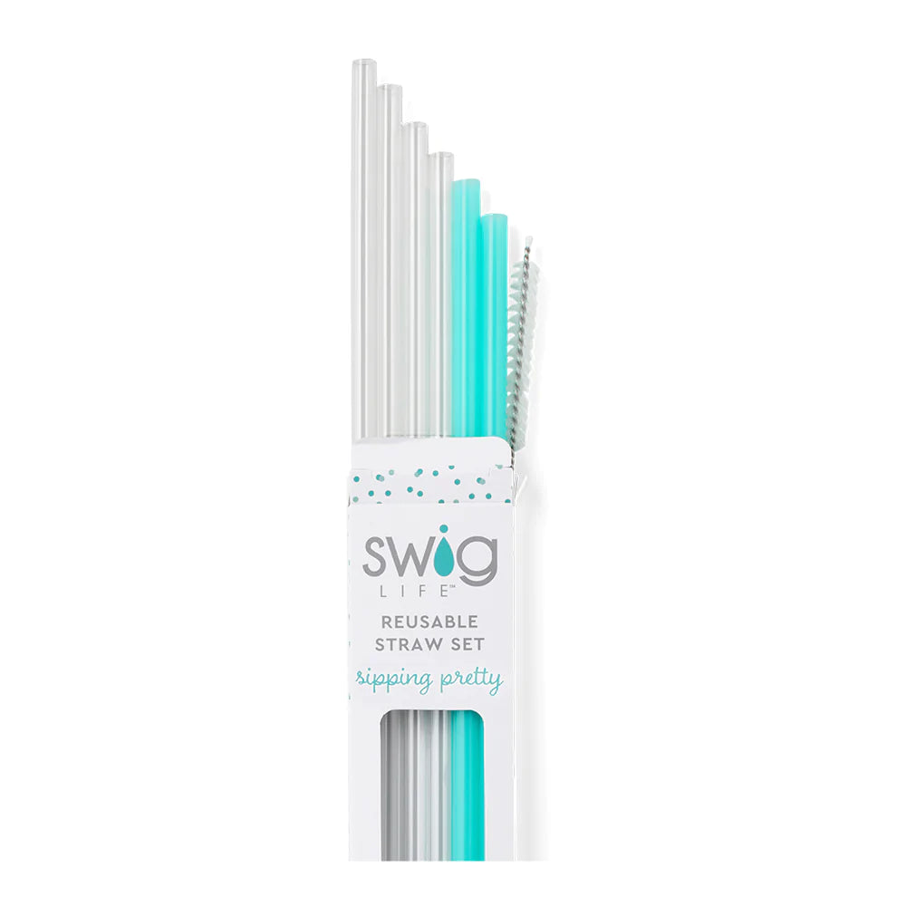 Eco-Friendly Clear & Aqua Reusable Straw Set - BPA Free Silicone Drinking Straws for Smoothies, Iced Coffee & Cocktails - Perfect for Home, Office & Travel Use