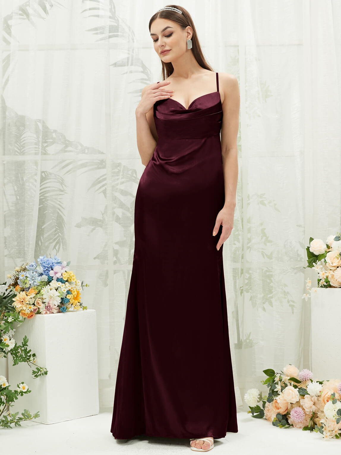 Elegant Cabernet Satin Cowl Neck Backless Long Bridesmaid Dress with Adjustable Straps - Perfect for Weddings, Formal Events & Evening Parties