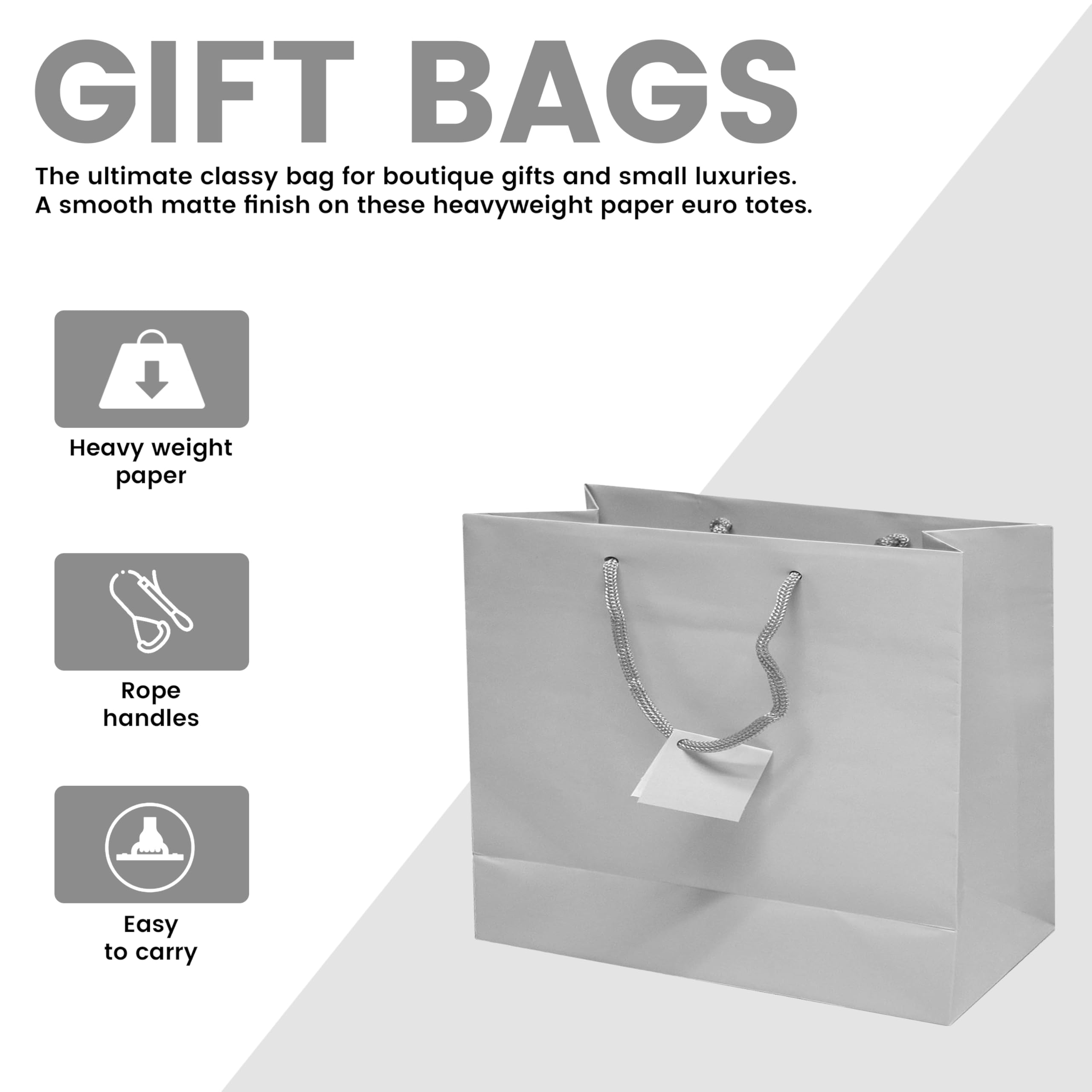 10 Pack Silver Gift Bags with Handles 9.25x3.75x7.25 Inches - Elegant Euro Tote Paper Bags for Business, Shopping, Birthday & Party Favors | Perfect for Groceries, Retail Packaging & Personal Gift Giving