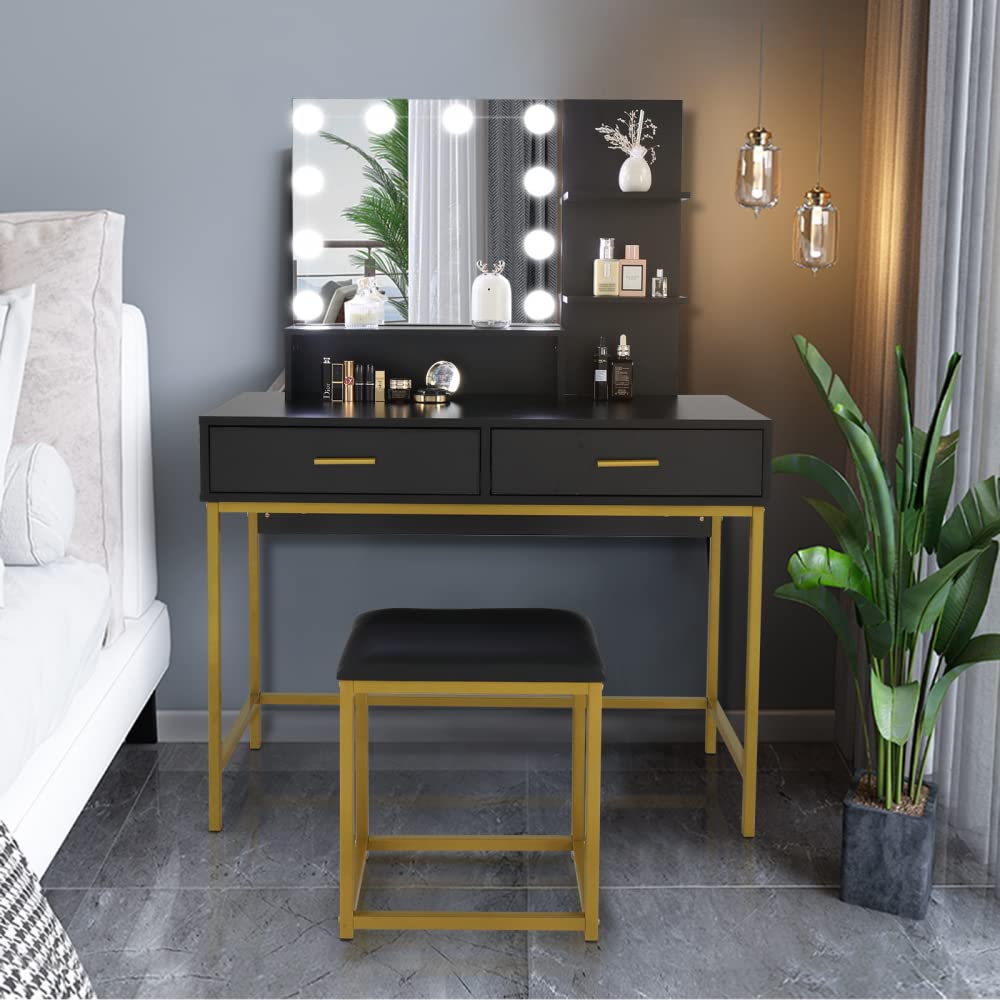 FCH Large LED Vanity Set with 10 Bulbs - Makeup Dressing Table with Cushioned Stool, 3 Shelves & 2 Drawers - Women's Bedroom Furniture for Girls & Teens - Perfect for Makeup Application, Jewelry Storage & Bedroom Decor (Black)