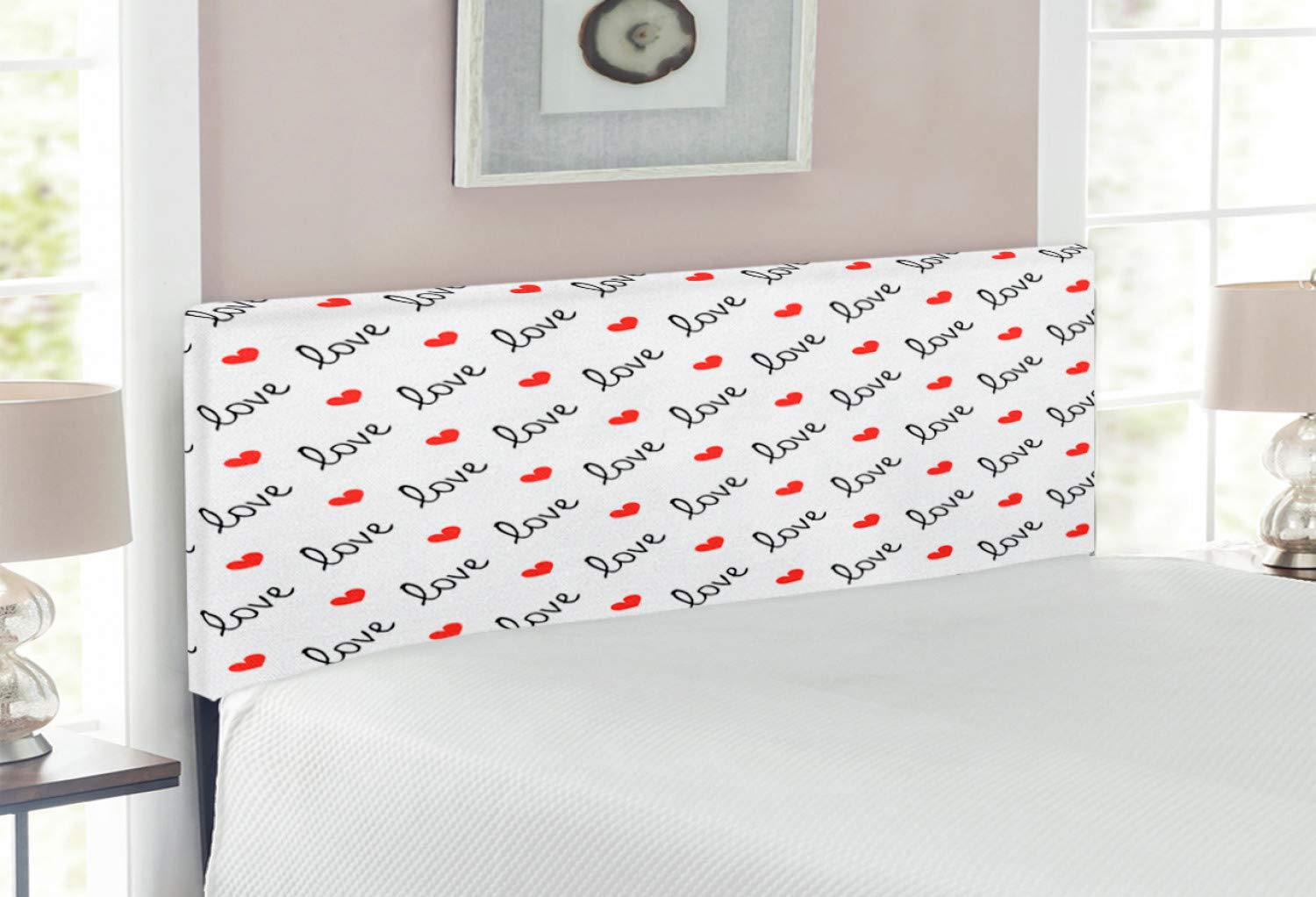 Ambesonne Love Themed Upholstered Headboard - Valentine's Day Calligraphy Art with Memory Foam | Full Size Metal Bed Frame in Vermilion & Black | Perfect for Romantic Bedroom Decor & Guest Room Setup