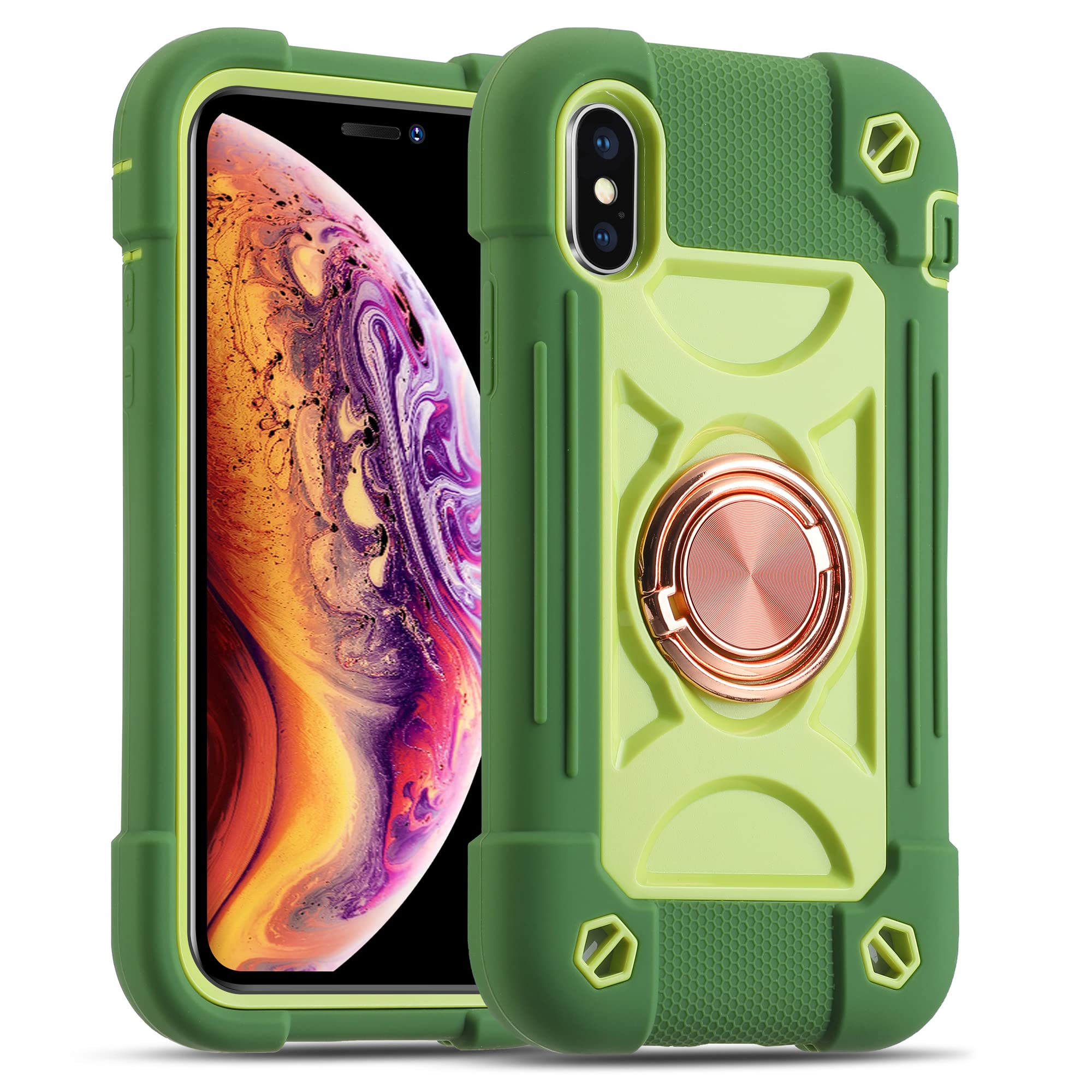 MARKILL Heavy Duty Military Grade Shockproof iPhone Xs Max Case 6.5 Inch with Ring Stand & Magnetic Car Mount - Compatible with iPhone Xs Max (Avocado Green) - Perfect for Outdoor Activities, Travel and Daily Protection