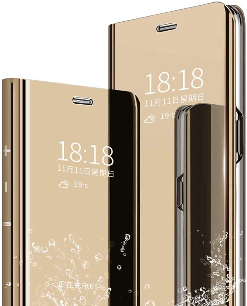 Luxury Mirror Design Clear View Smart Window Phone Case for Samsung Galaxy Note 8 - Wireless Charging Compatible Flip Cover with Makeup Mirror - Perfect for Makeup Touch-ups & Professional Meetings (Gold)