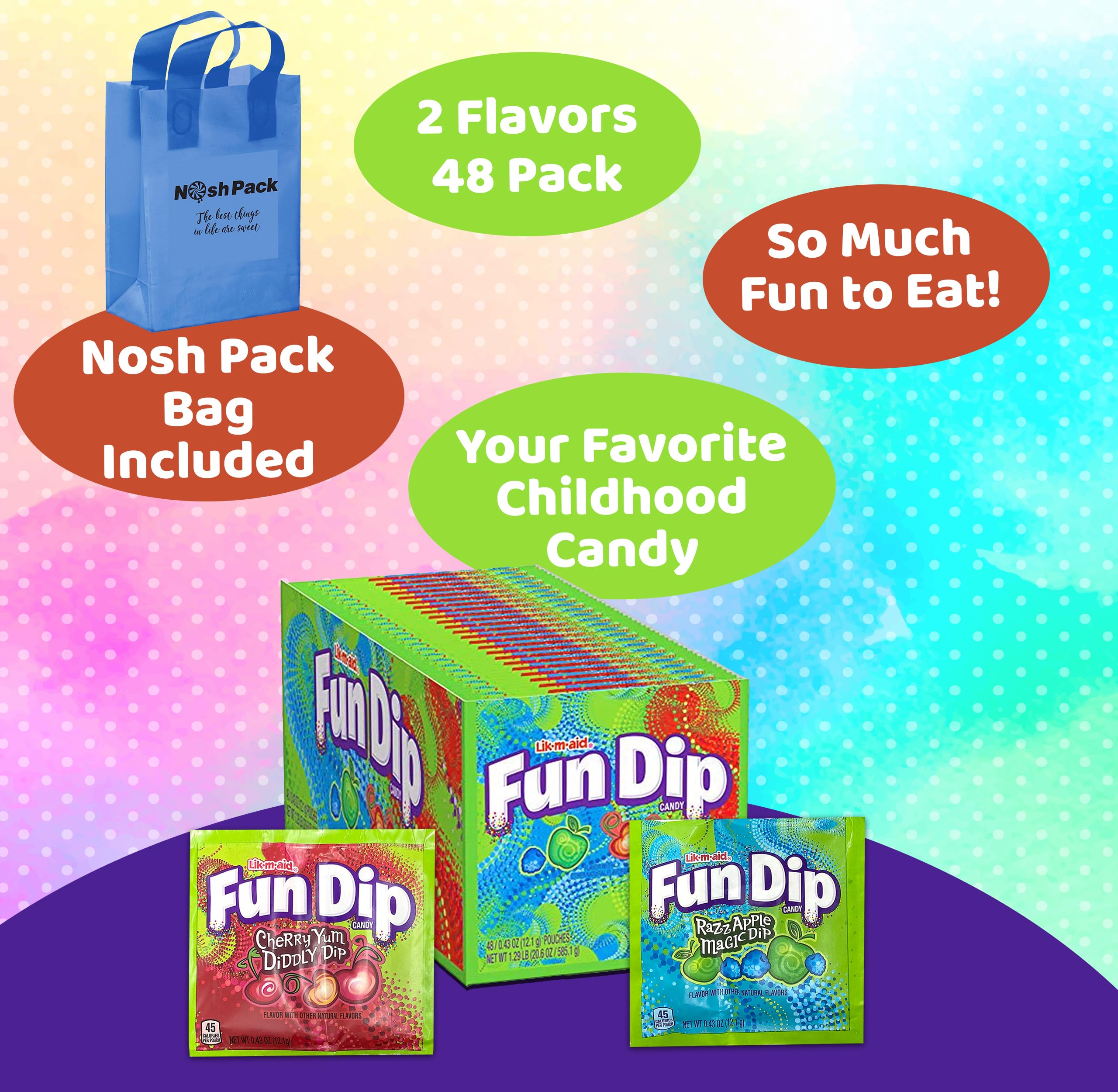 NOSH PACK Fun Dip Candy Bulk Pack - 96 Individually Wrapped Sticks (RazzApple Magic Dip & Cherry Yum Diddly Dip Flavors) | Perfect for Birthday Parties, Halloween Treats & School Events | American Candy for Kids & Adults