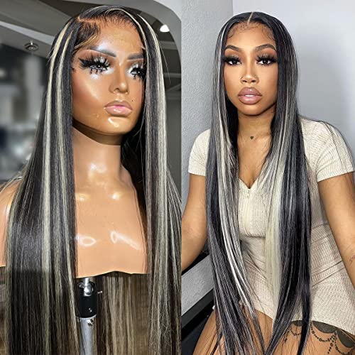 Supernova Highlight Lace Front Wigs - 100% Human Hair with Grey Highlights for Black Women - Straight 5x5 Lace Front Wig 180 Density Pre-Plucked - 18 Inches - Perfect for Daily Wear, Cosplay & Special Occasions