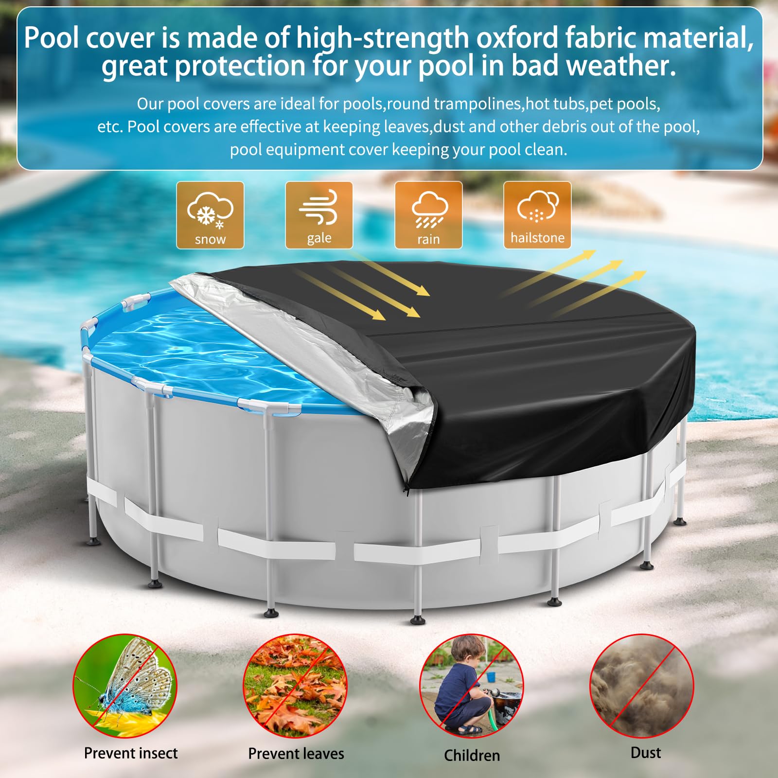 8 Ft Round Solar Pool Cover for Above Ground Pools - Heavy Duty Waterproof & Dustproof Swimming Pool Cover with Accessories (Black) | Extend Swimming Season & Protect Pool from Debris