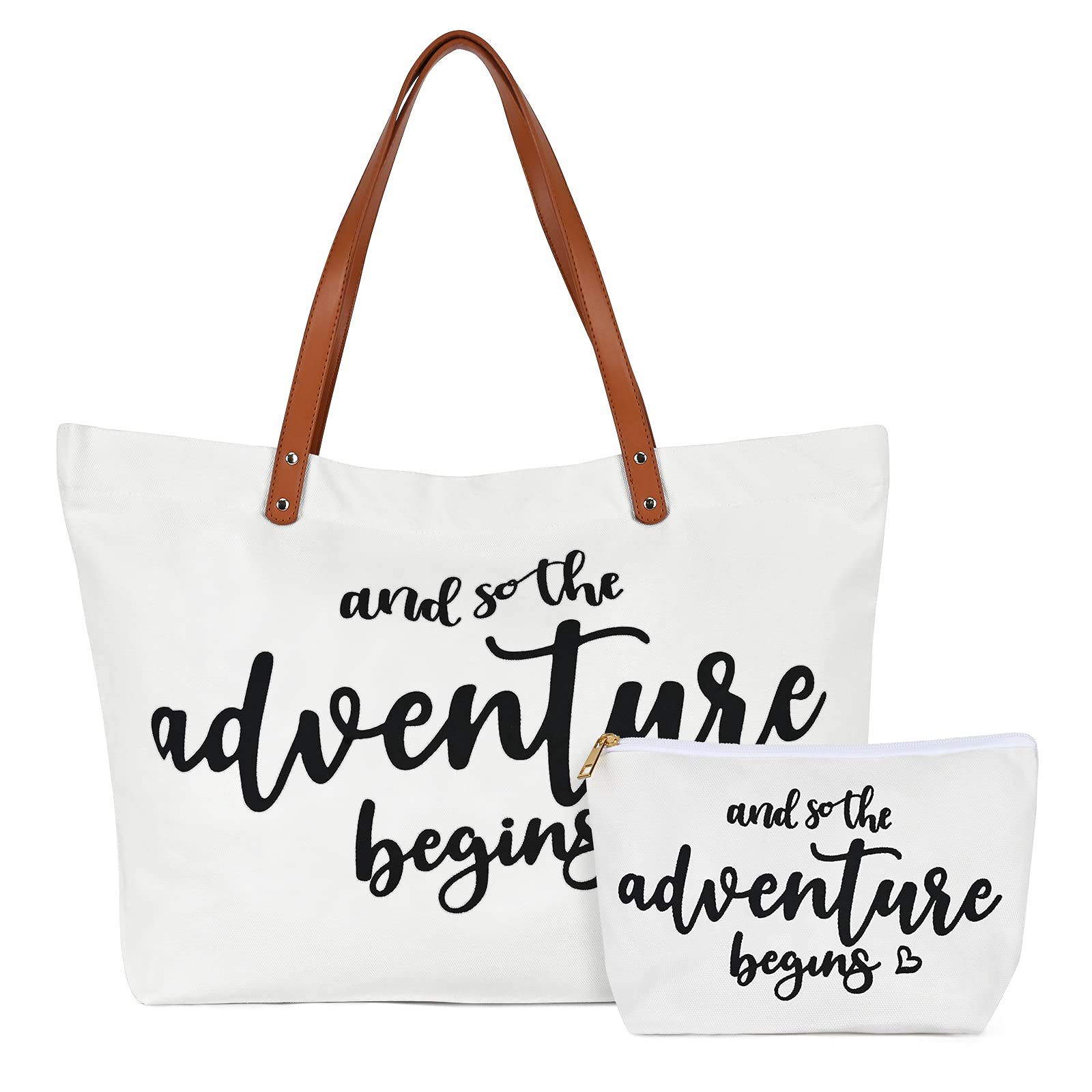 Bachelorette Party Gifts for Bride - 'And So the Adventure Begins' Wedding Tote Bag with Matching Makeup Pouch | Bridal Shower, Engagement & Graduation Gift Ideas for Women | Perfect for Honeymoon Travel & Bridal Party Celebrations