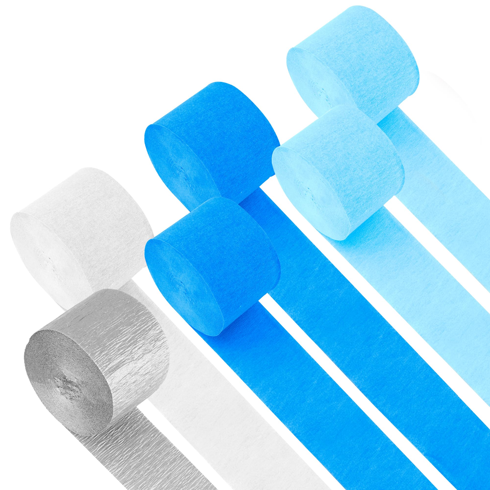 6 Pack Crepe Paper Streamers - 492ft Total (Blue, Silver, White) for Birthday Party, Wedding, Thanksgiving & Baby Shower Decorations | 2.37