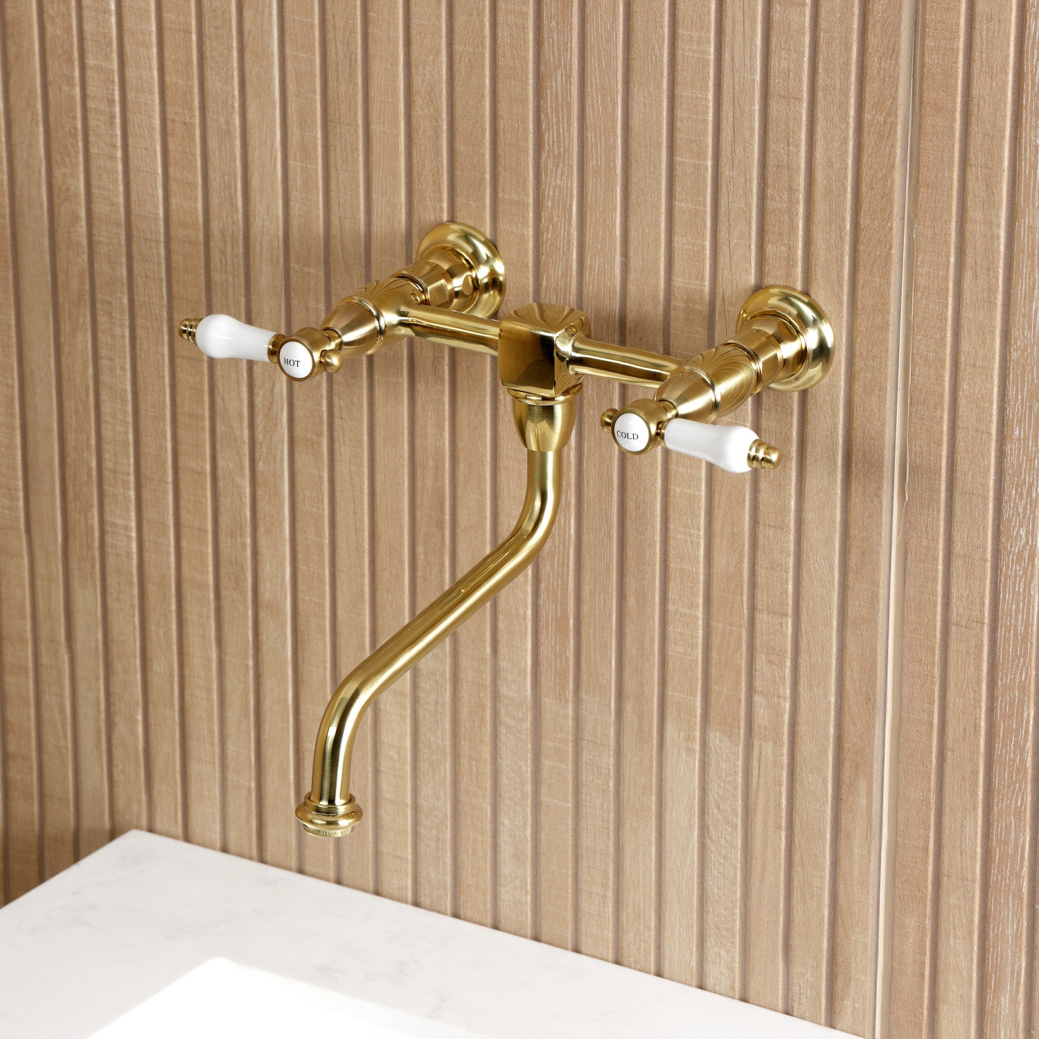 Bel Air KS1217BPL Double Handle 2 Hole Wall Mount Bathroom Faucet in Brushed Brass - Perfect for Modern Bathrooms, Powder Rooms, and Spa-Like Retreats