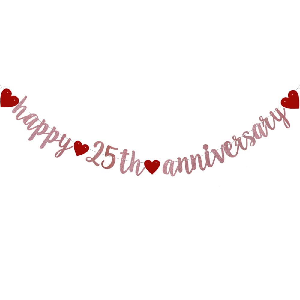 25th Anniversary Banner - Rose Gold Glitter Paper Garland for Wedding Anniversary Party Decorations | Pre-Strung & No Assembly Required | Perfect for Milestone Celebrations, Silver Anniversaries & Romantic Decor