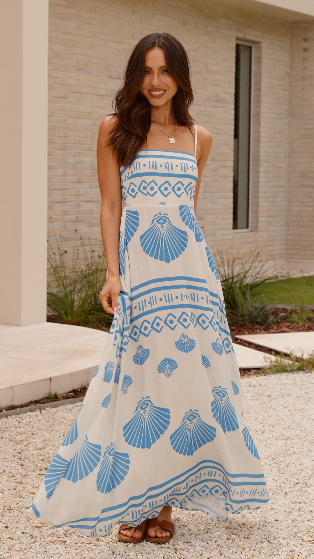 Jaylene Maxi Dress - Flowy Beach Cover Up, Summer Boho Long Dress with Pockets, Sea Shell Print - Perfect for Vacations, Beach Parties & Casual Outings