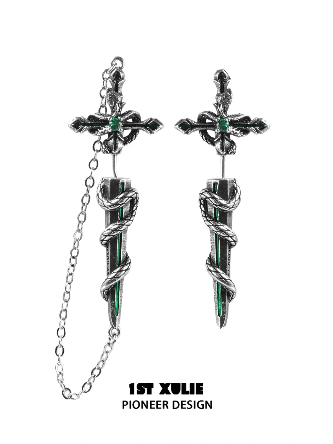 S925 18k Platinum Plated Snake Bite Sword Chain Stud Earrings for Women - Trendy Punk Gothic Jewelry for Parties, Concerts & Night Out