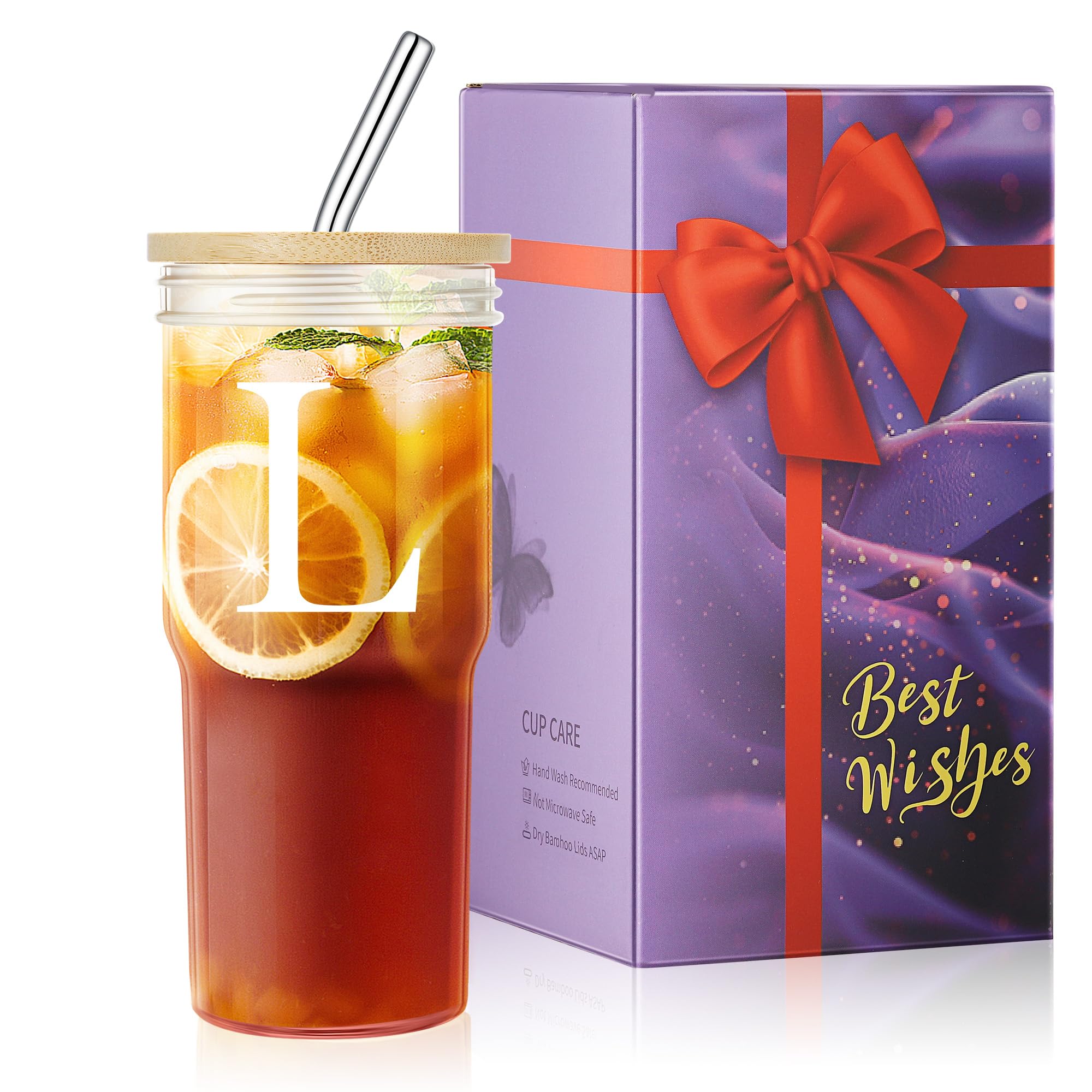 Personalized 24oz Glass Coffee Cups with Lids & Straws - Custom Initial Iced Coffee Tumblers, Reusable Cold Drink Cups for Women - Perfect Birthday Gift for Coffee Lovers, Office Use & Summer Beverages