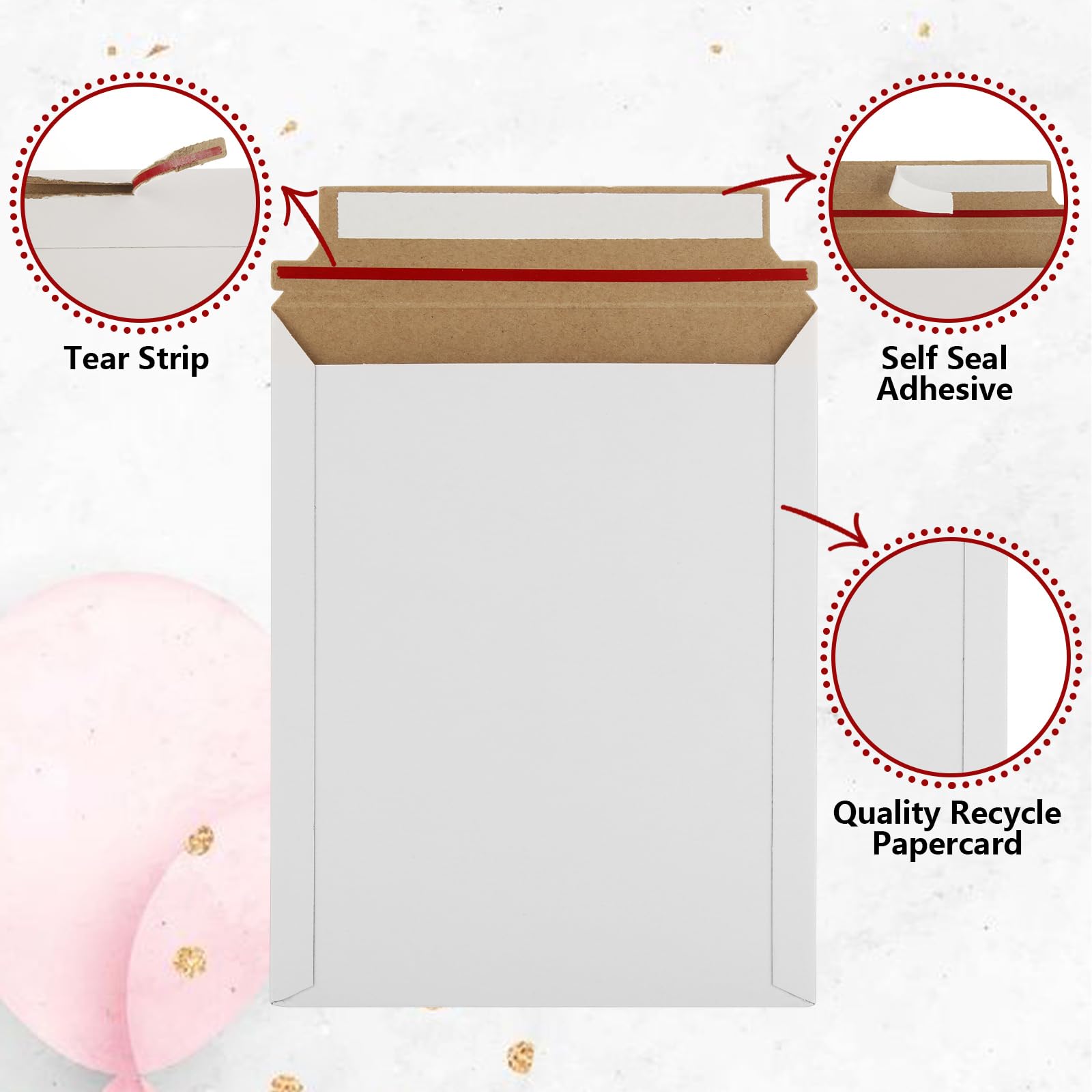 100 Pack 7x9 Inch Self Seal Cardboard Mailing Envelopes, 450 GSM Stay Flat Mailers for CDs, Photos, Documents, Pictures, Papers & Files - Perfect for Shipping, Mailing, Office Use & Small Business Packaging (White)