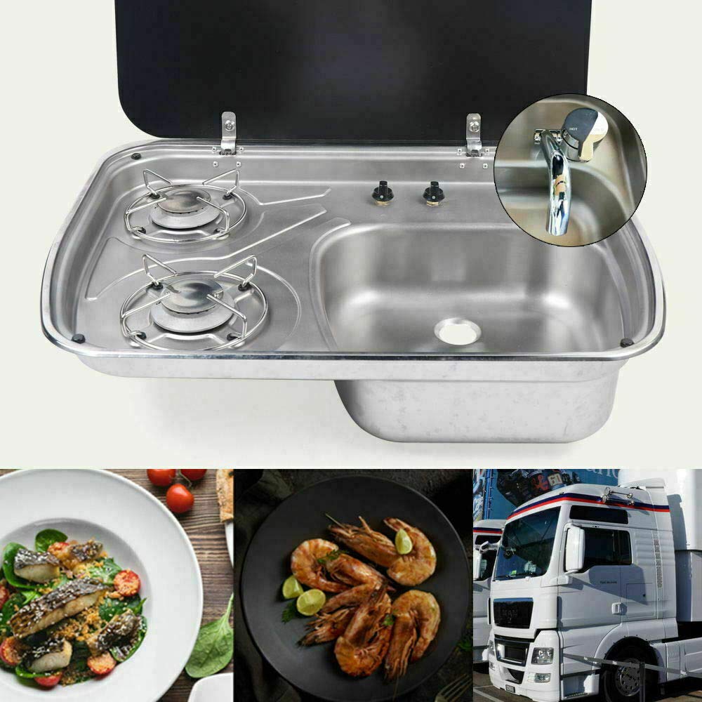 Portable 2 Burner Gas Stove with Sink Combo for RV, Camper, Boat - LPG Powered with Glass Lid (GR-588, Faucet Not Included) - Perfect for Outdoor Cooking & Camping Trips