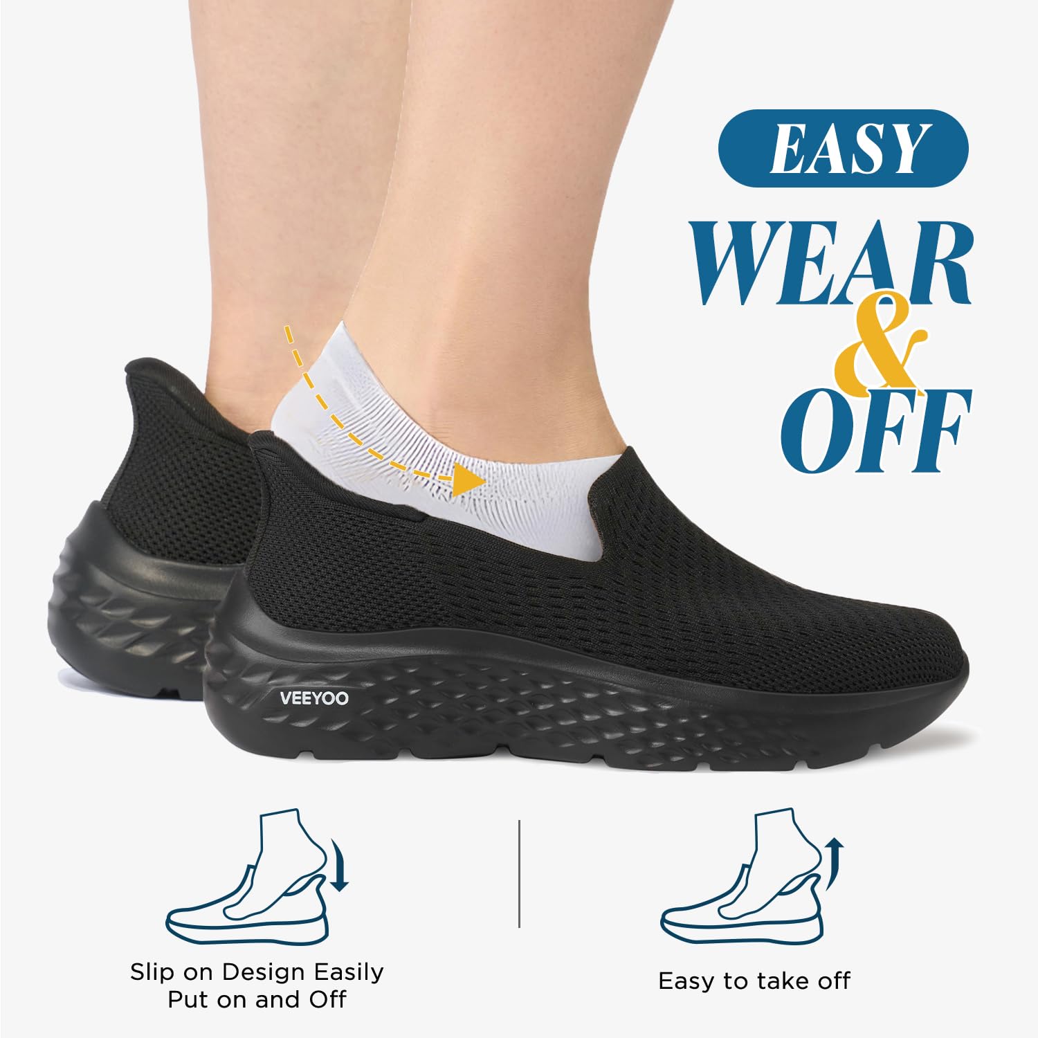 VEEYOO ZURIN Women's Slip On Walking Shoes with Arch Support - Lightweight No Lace Sneakers for Travel, Work & Casual Wear - Non Slip Breathable Tennis Shoes for Walking, Running & Daily Activities