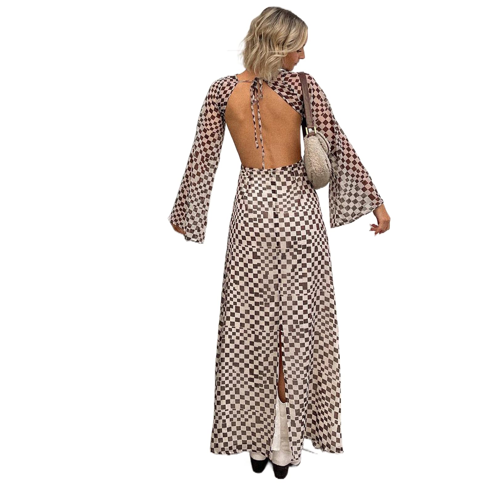Elegant Women's Pleated Slit Long Sleeve Backless Maxi Dress - Knitted Hollow Low Cut Midi Dress for Party, Wedding & Evening Occasions