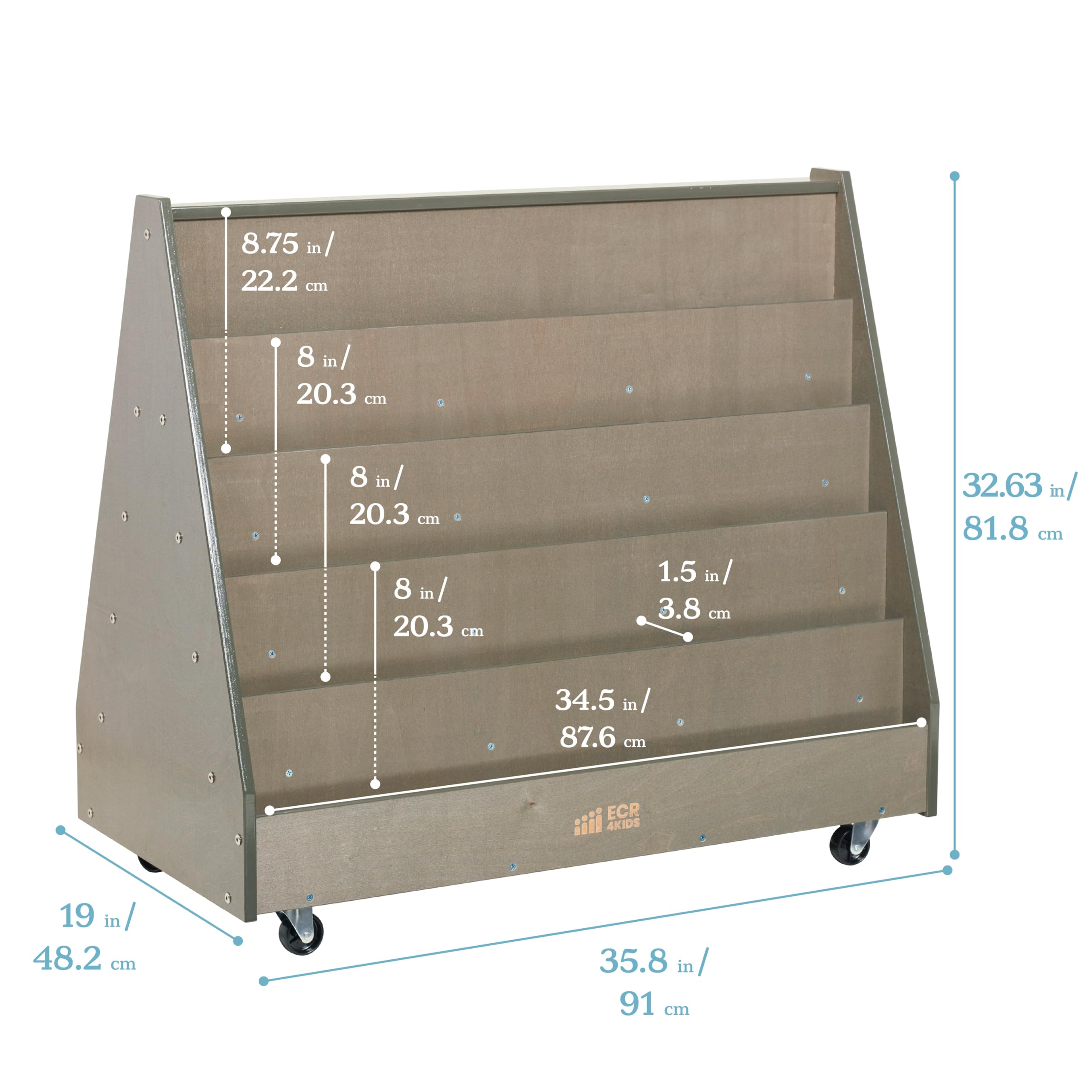 ECR4Kids Double-Sided Mobile Book Display - Grey Wash Classroom Bookshelf for Kids | Perfect for School Libraries, Reading Corners & Daycare Centers