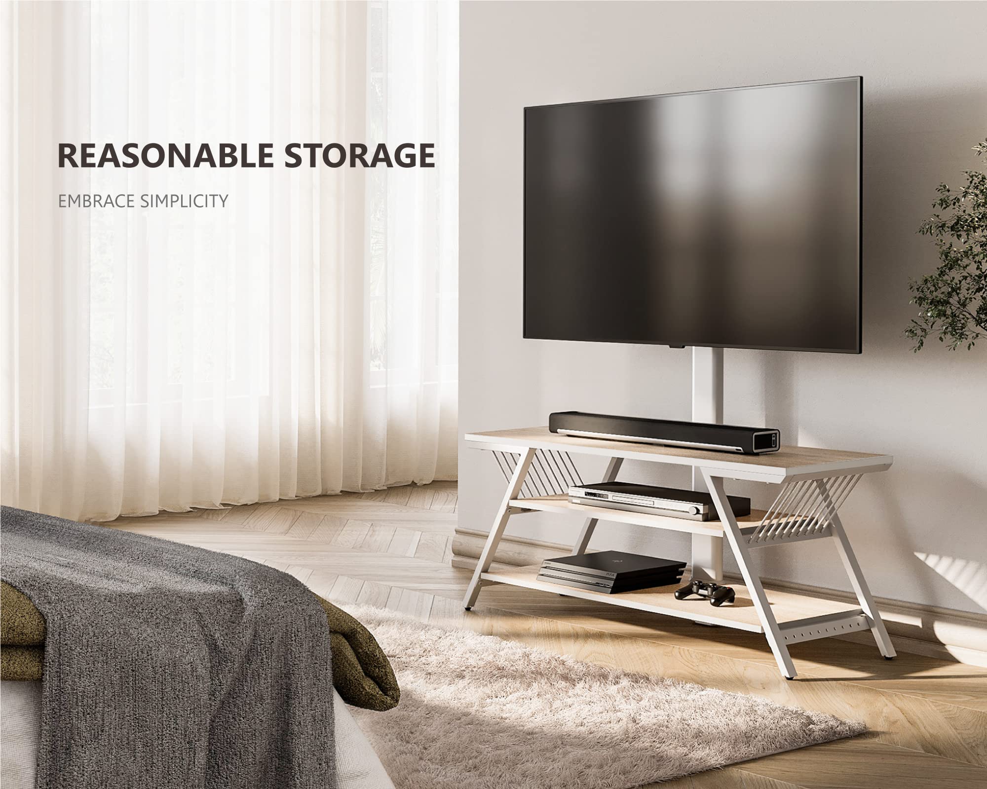 FITUEYES White TV Stand with Mount - 3 Tier TV Cabinet for 32-65 Inch TVs, Open Storage & Height Adjustable, Compatible with LCD/LED Flat/Curved Screens (Max VESA 600x400mm) - Perfect for Living Room, Bedroom & Home Theater Setup