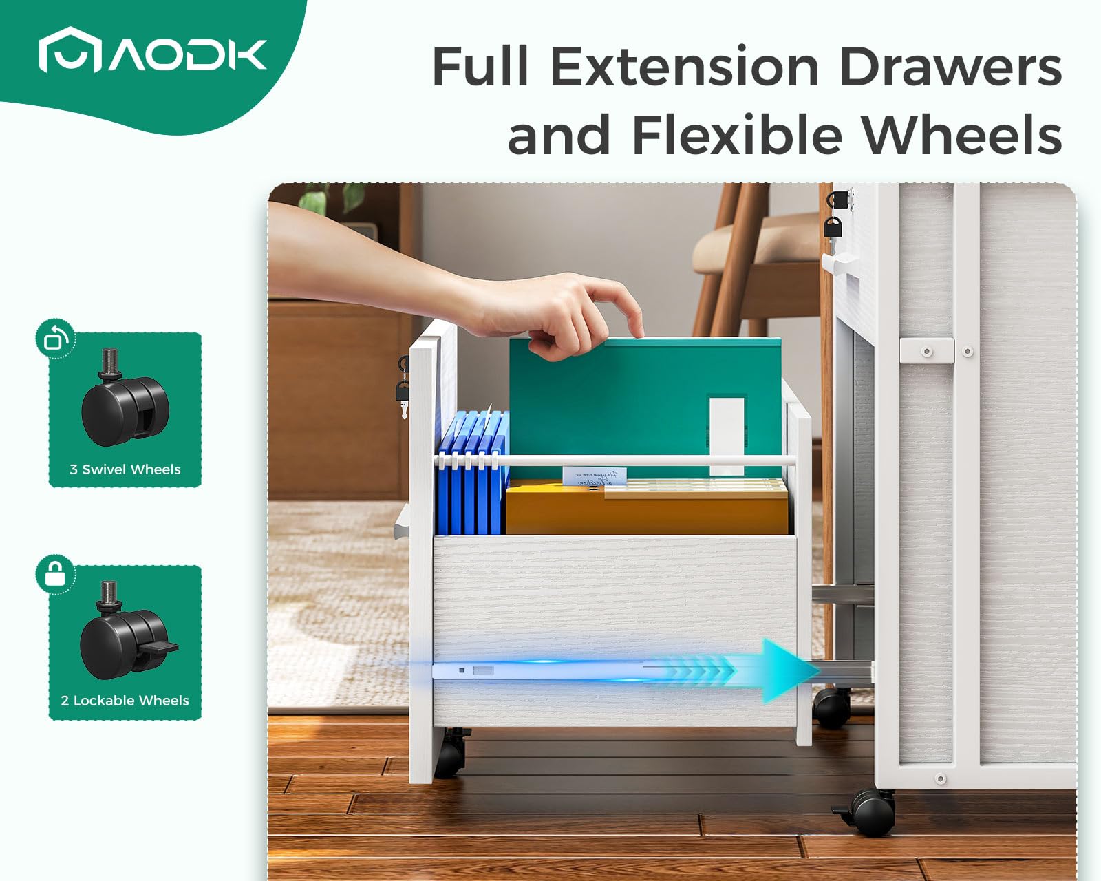 AODK 2-Drawer File Cabinet for Home Office - Fully Assembled Locking Filing Cabinet with Wheels, White - Organize A4/Letter Documents in Style | Perfect for Small Spaces & Office Storage Solutions