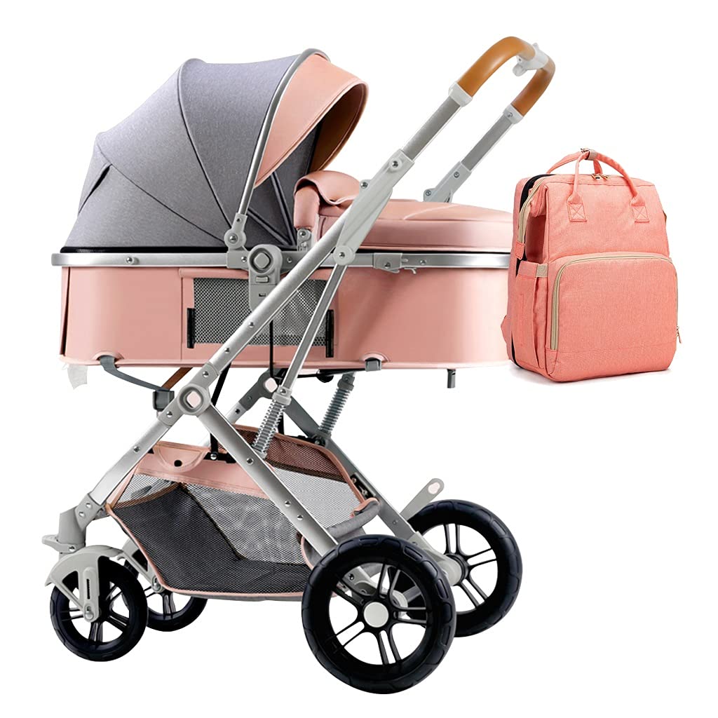 **YXCKG 2-in-1 Compact Convertible Baby Stroller & Travel System - Lightweight Adjustable Infant Pram with High View, Bassinet & Baby Bags - Perfect for Newborns, Travel & Daily Walks (Pink)**