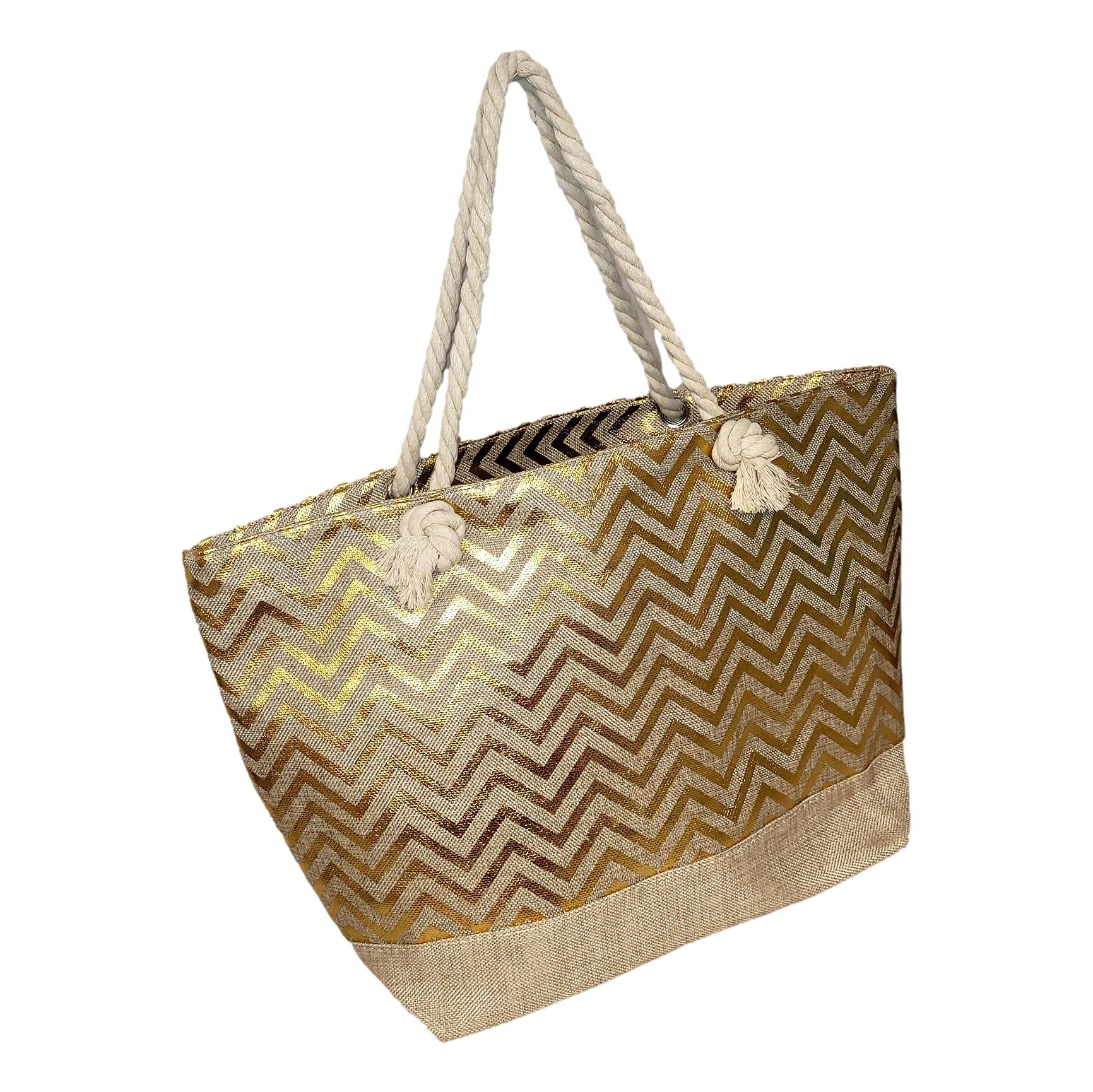 Personalized Large Women's Metallic Print Tote Beach Bag with Zipper Top - Custom Initial, Monogram or Name - Perfect for Travel, Shopping & Beach Vacations
