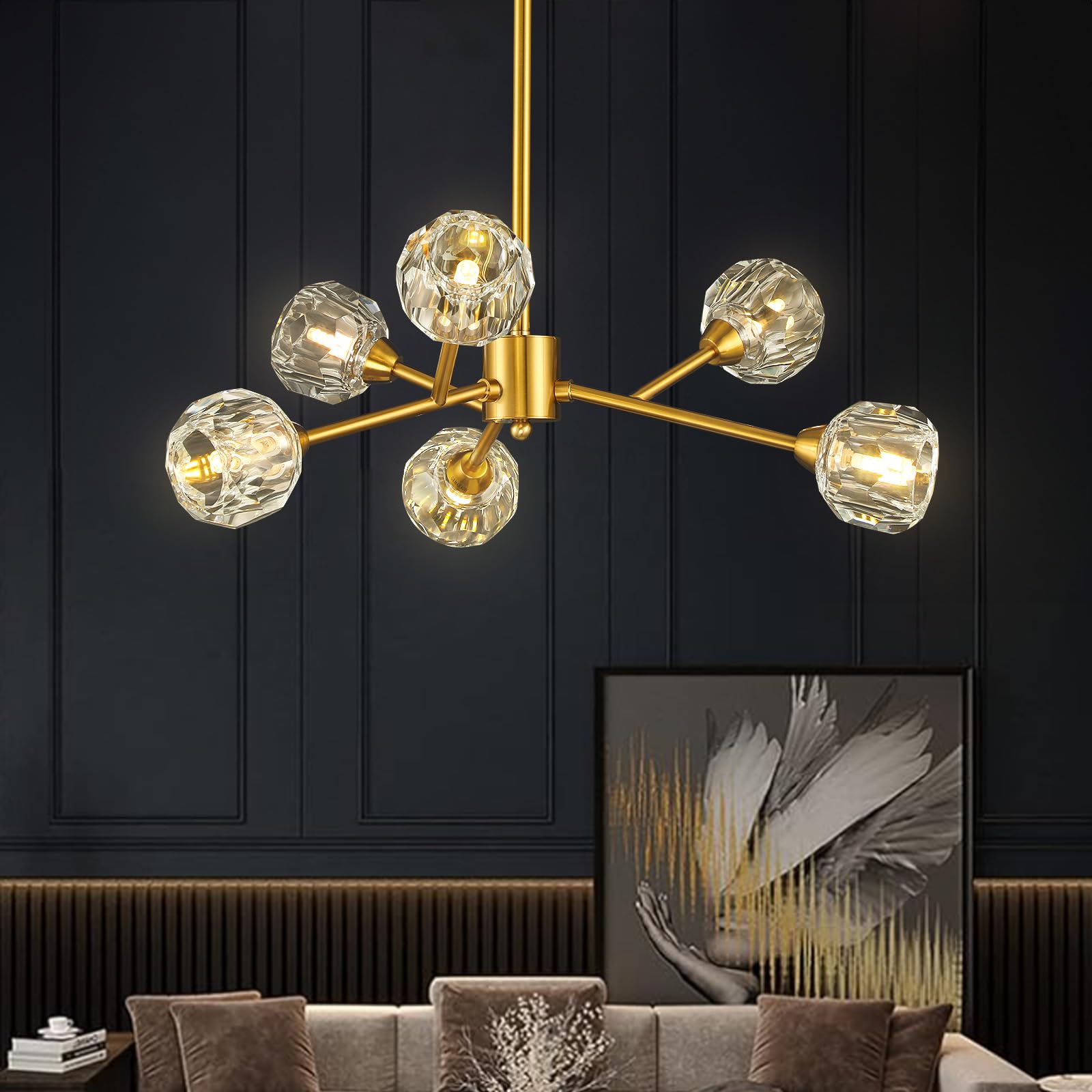 Weesalife Mid Century Modern Sputnik Chandelier - 6-Light Crystal Pendant Lighting Fixture with Brass Branches for Dining Room, Bedroom, Living Room | Vintage Inspired Ceiling Light for Home Decor & Interior Design