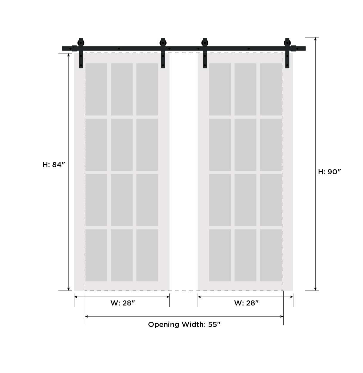 Sturdy 56x84 Inch Double Barn Door with Frosted Glass 12 Lites - Felicia 3312 Matte White | Top Mount 13FT Rail Hangers Heavy Duty Set | Solid Panel Interior Sliding Doors for Bedroom, Closet & Farmhouse Style Home Decor