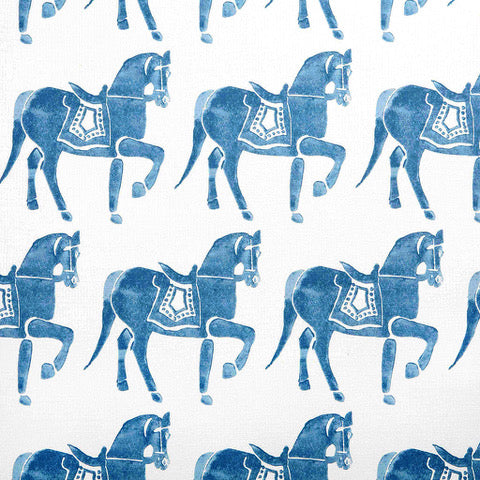 Marwari Horse Printed Linen Cotton Fabric - Blue Sample for Home Decor, Upholstery & DIY Crafts