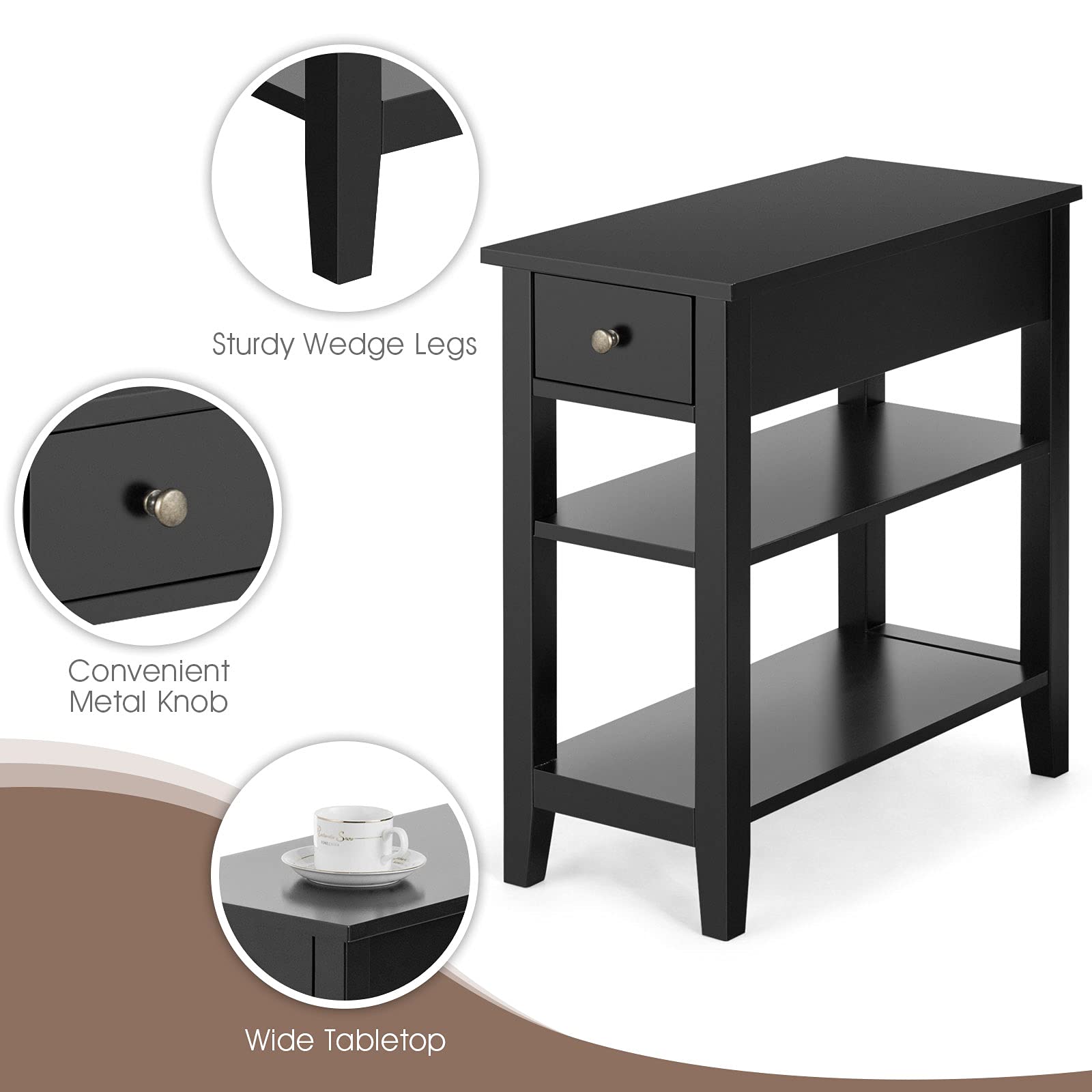 KOTEK 3-Tier Narrow End Table with Drawer & Open Shelf - Slim Nightstand for Bedroom, Living Room & Office - Modern Side Table with Storage (Black) - Perfect for Small Spaces, Apartments & Dorm Rooms
