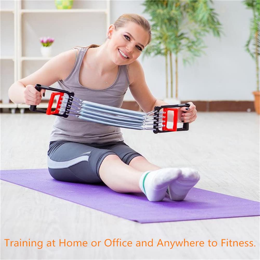 Adjustable Chest Expander with 5 Resistance Springs - Arm Pull Bar & Hand Gripper for Home Gym Strength Training | Perfect for Muscle Building, Physical Therapy & Full Body Workouts (Red)