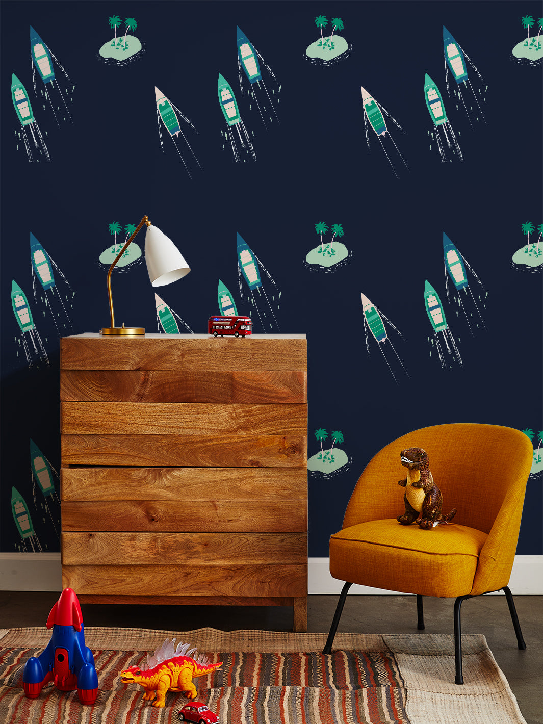 Tea Collection Navy 'Island Boats' Wallpaper - Coastal Nautical Theme for Bedroom, Bathroom & Nursery Decor