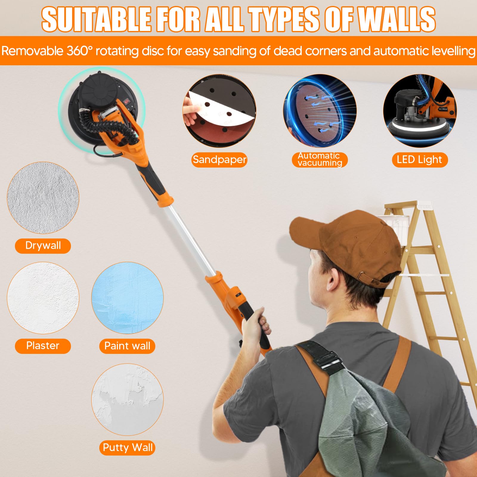 1250W Electric Drywall Sander with Vacuum - 11.5 Amp, 5-Speed Adjustable (800-1800 RPM) | Telescopic Handle with LED Light | Dust Collection Bag & 6.6ft Hose | Perfect for Drywall Repair, Ceiling Sanding & Home Renovation Projects