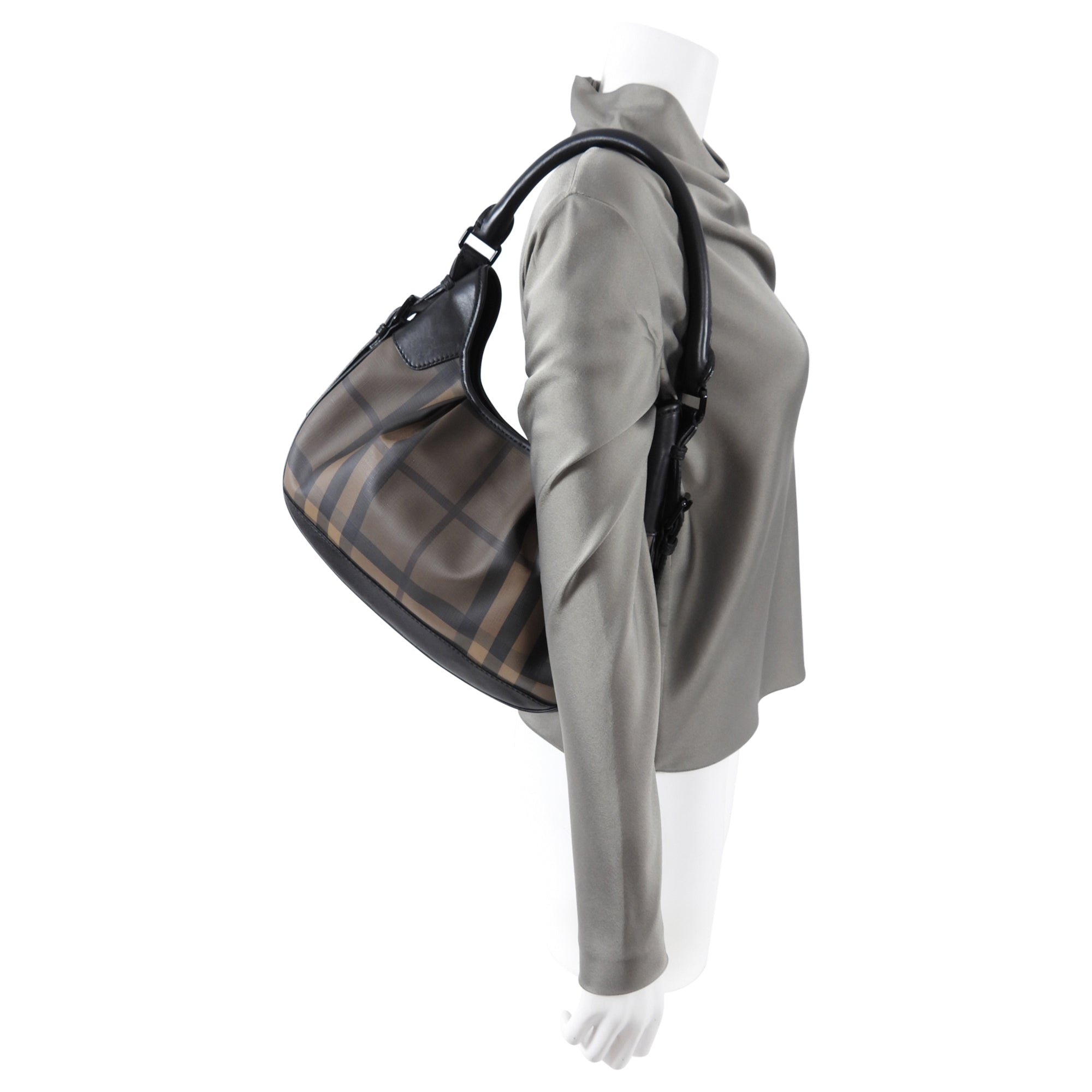Burberry Shadow Check Coated Canvas and Leather Hobo Bag for Women | Luxury Designer Shoulder Bag | Perfect for Work, Travel & Everyday Use
