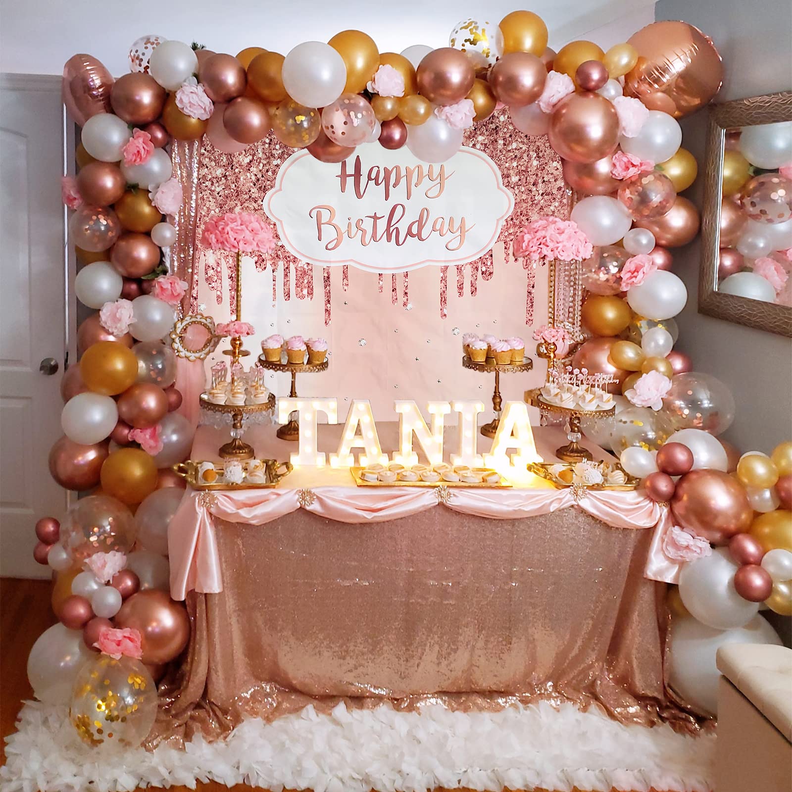 Rose Gold Glitter Birthday Backdrop for Women - 8x6ft (96x72 inch) Happy Birthday Party Decorations with Diamonds Design, Perfect for Sweet 16, 18th & 21st Birthday Celebrations, Baby Showers & Bridal Showers