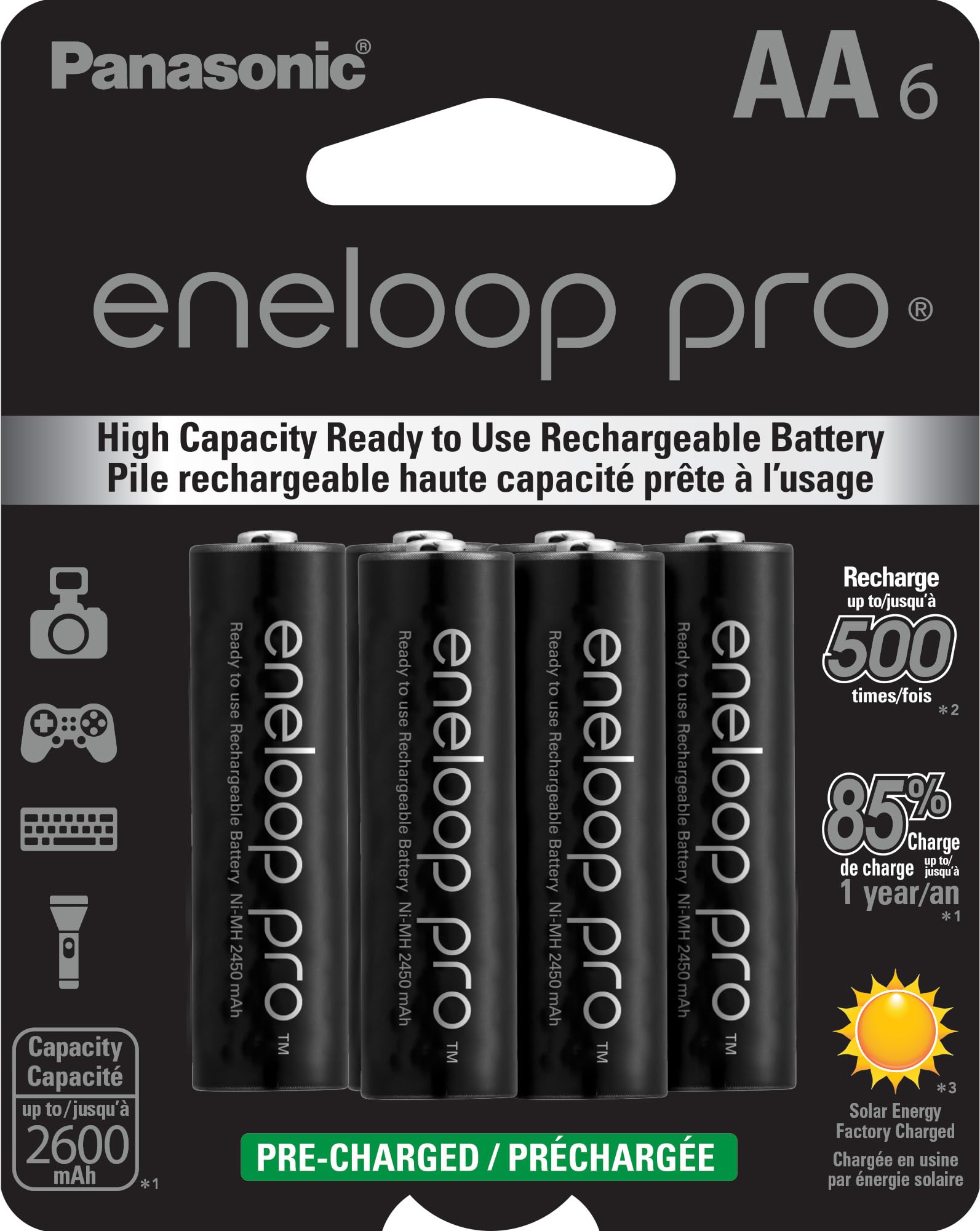 Panasonic Eneloop Pro AA High-Capacity Rechargeable Batteries (6-Pack) - 2550mAh Ni-MH Pre-Charged for Digital Cameras, Flashlights & High-Drain Devices