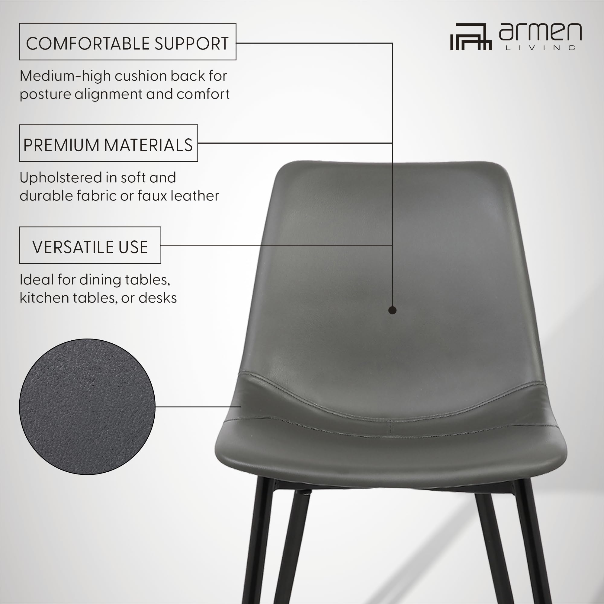 Armen Living Monte Mid Century Modern Dining Chair - Charcoal Gray Faux Leather with Black Metal Legs - Perfect for Kitchen, Dining Table, Home Office Desk & Vanity Area