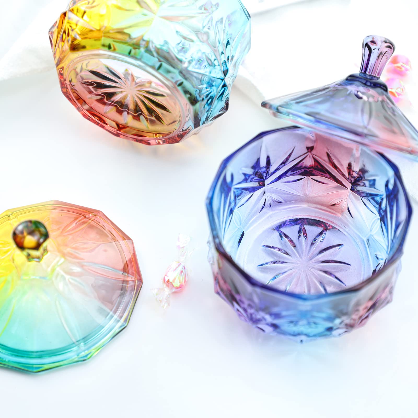 Royal Embossed Clear Glass Apothecary Jar with Lid - 7oz Decorative Candy, Jewelry & Food Storage Container for Weddings, Buffets & Home Decor (Leaves & Purple Design) - Perfect for Candy Displays, Bathroom Organizers & Kitchen Pantry Storage