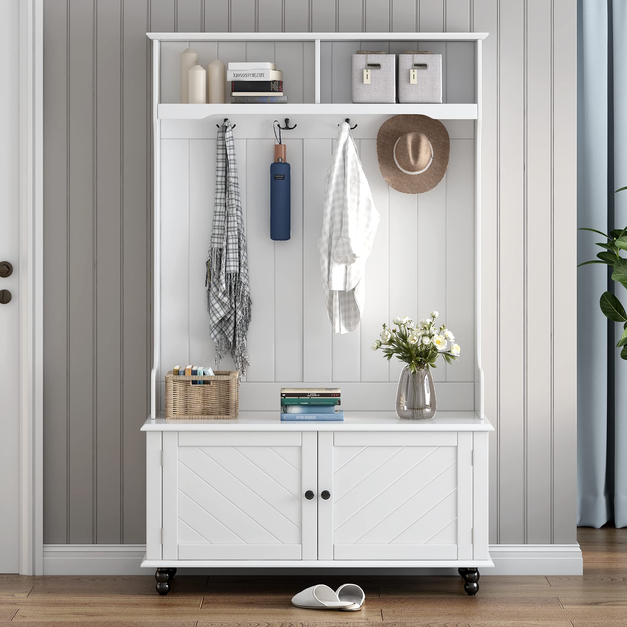 3-in-1 Hall Tree Clothes Rack with 4 Hooks - Coat Hanger, Entryway Bench & Storage Organizer for Entrance, Hallway (White) | Perfect for Small Spaces, Mudroom Organization & Home Entryway Decor