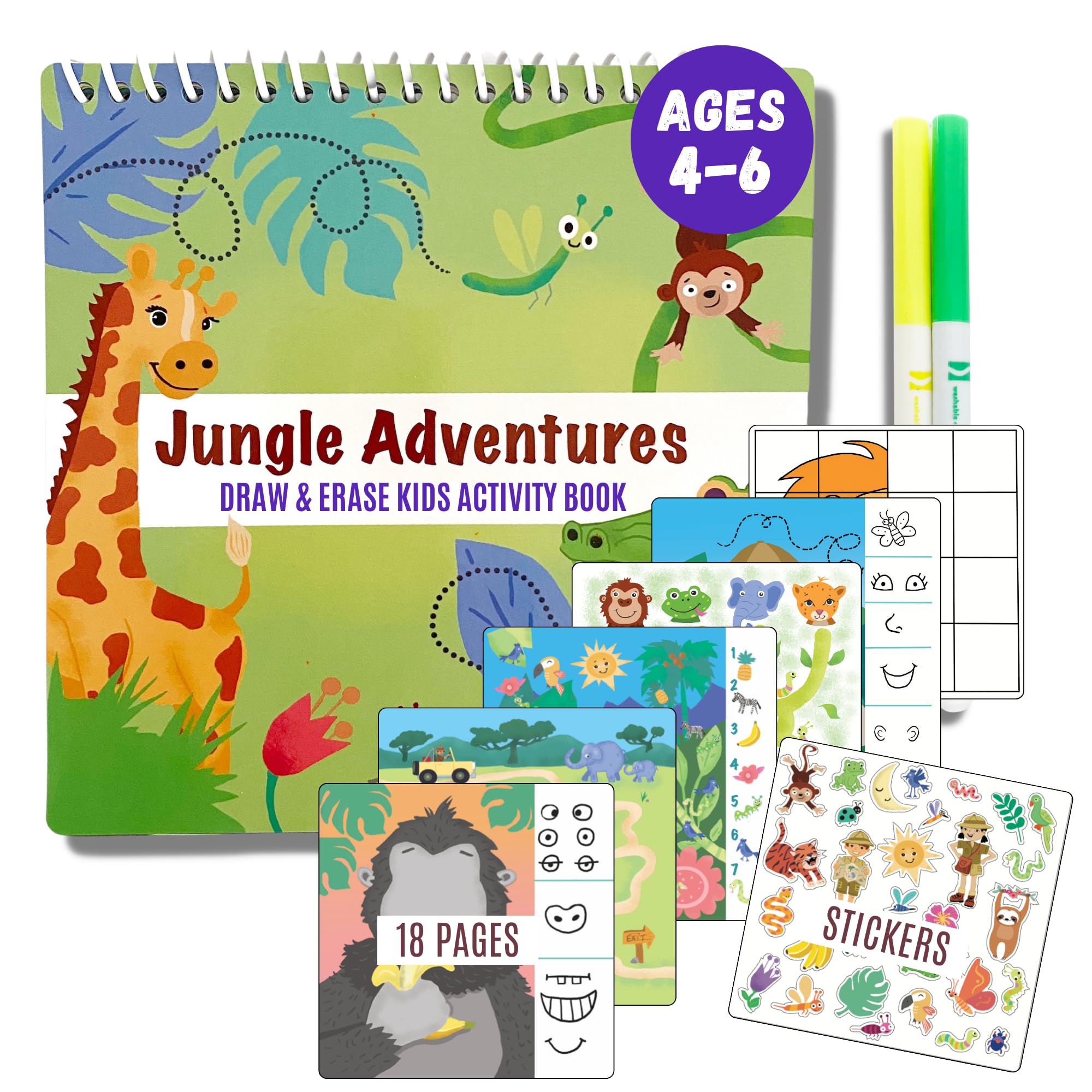 Washable Travel Activity Book for Kids Ages 4-6 | 7x7 Inch Educational Toy with Reusable Stickers & Markers | Car & Airplane Games, Search & Find Learning Activities | Perfect for Road Trips, Flights & Quiet Time (Jungle Theme)