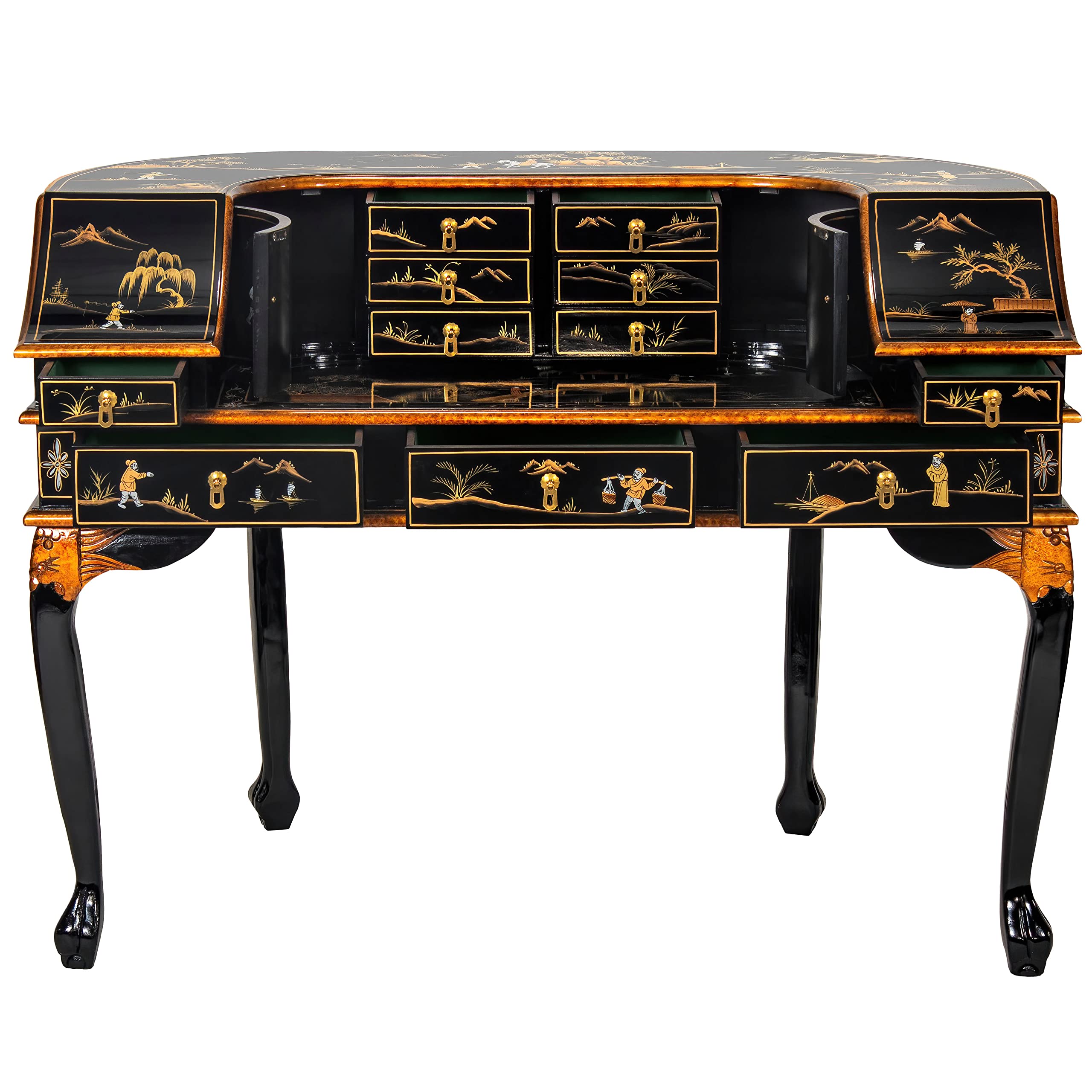 Handcrafted Black Lacquer Desk with Matching Chair - Traditional Red Lantern Design - Perfect for Home Office, Study Room & Asian-Inspired Decor